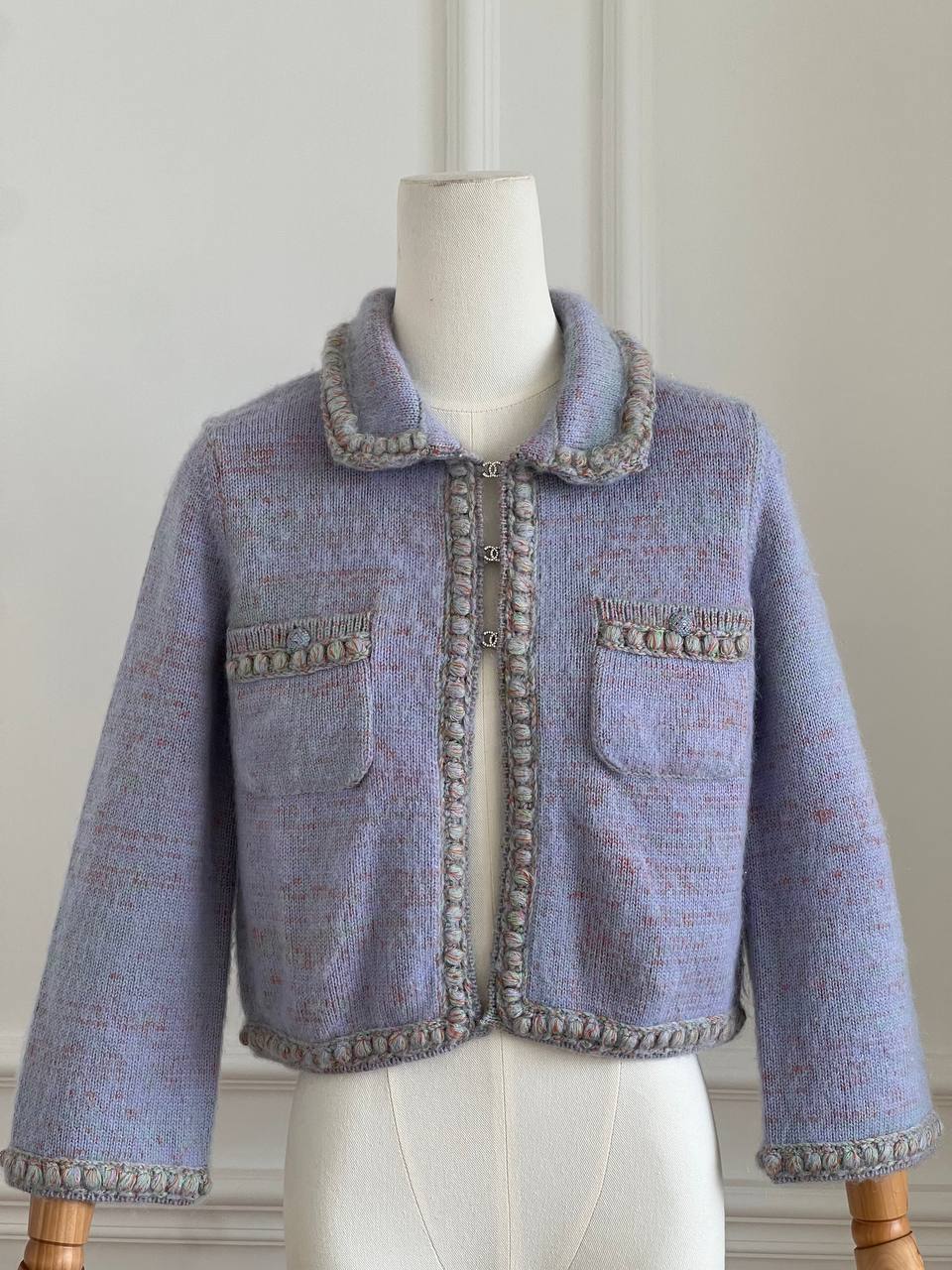 Chanel Lavender Heather Wool Lapel Knit Cardigan With Multicolor Braid Trim & CC Buttons