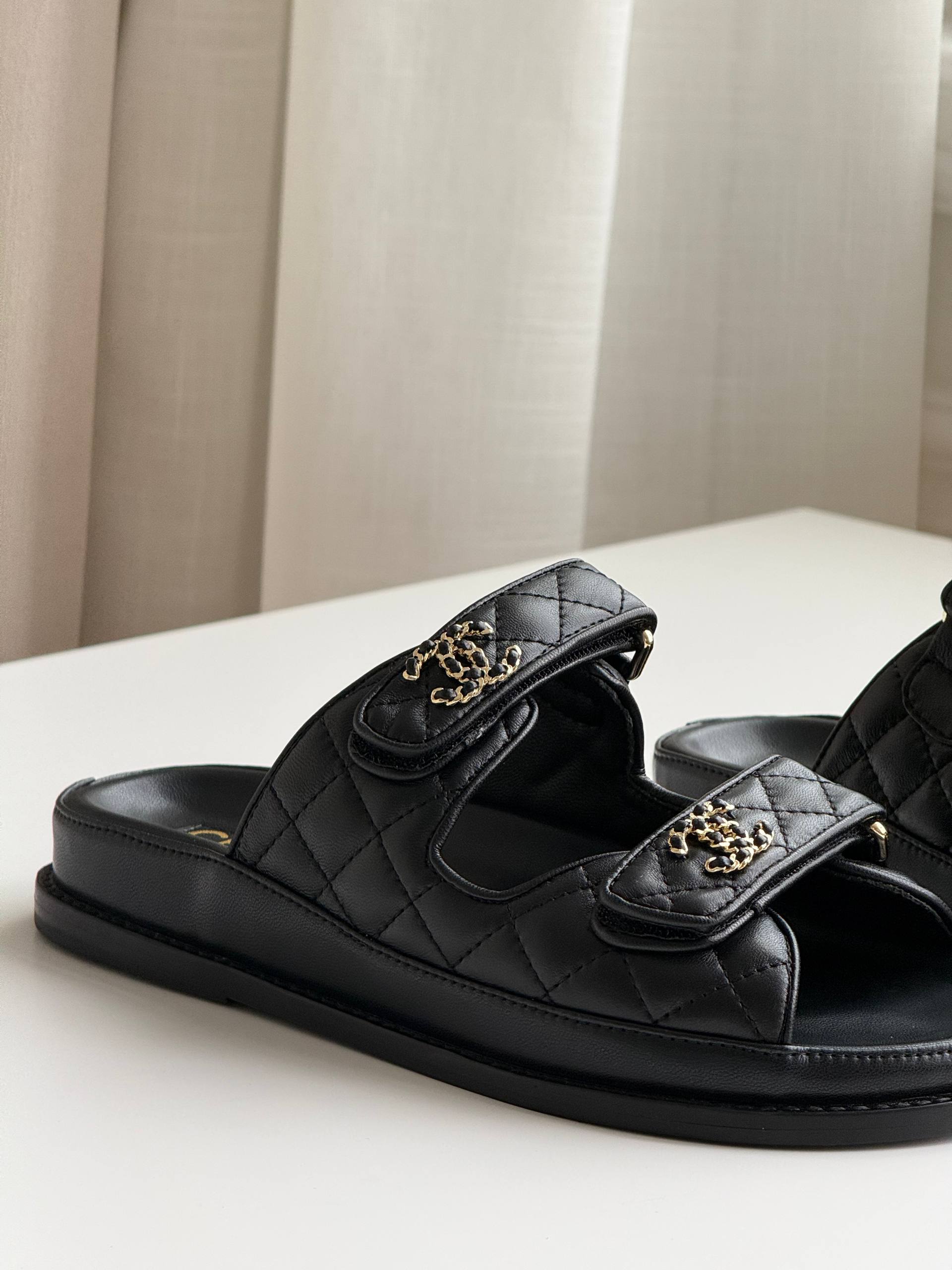 Chanel Double C Buckle Quilted Magic Strap Flat Slide Sandals
