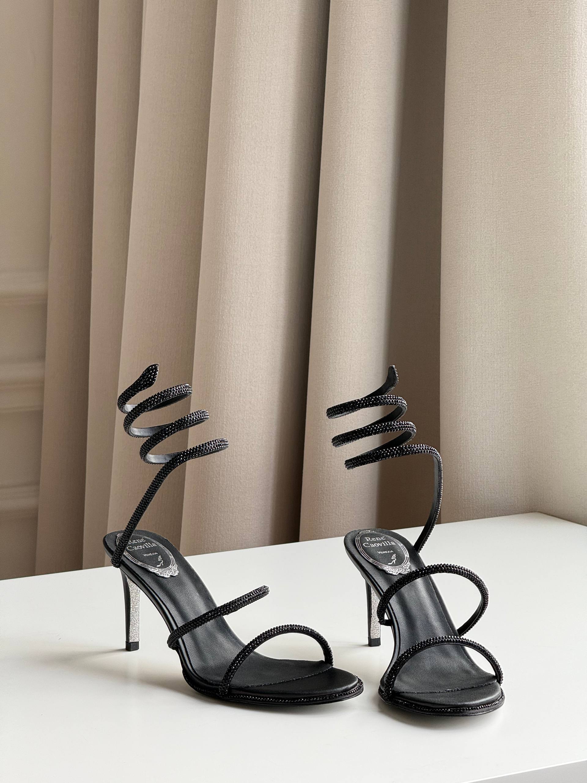 René Caovilla Cleo Crystal-Embellished Black Satin Sandals