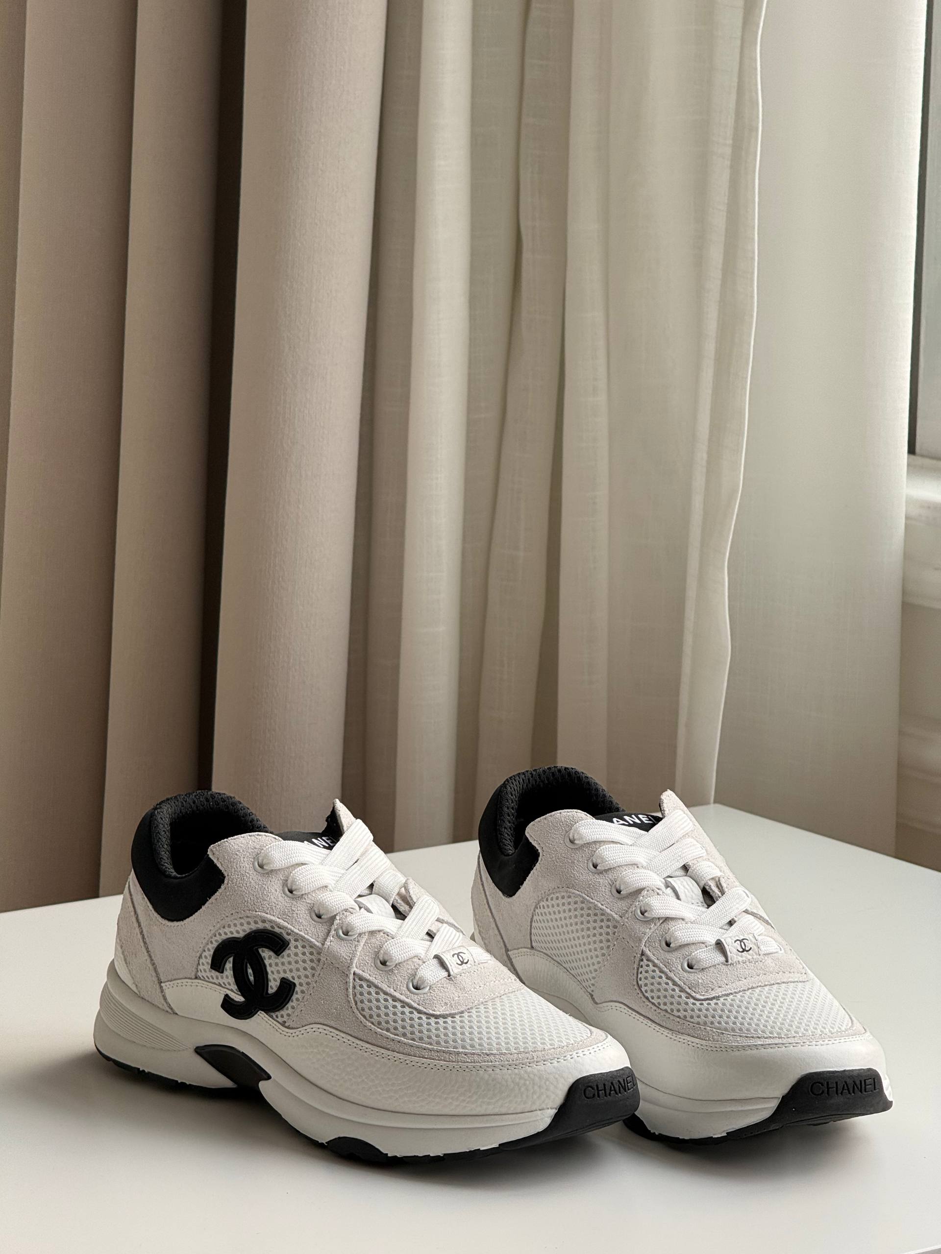 Chanel Black and White Color-Blocked Sneakers with Double C Logo