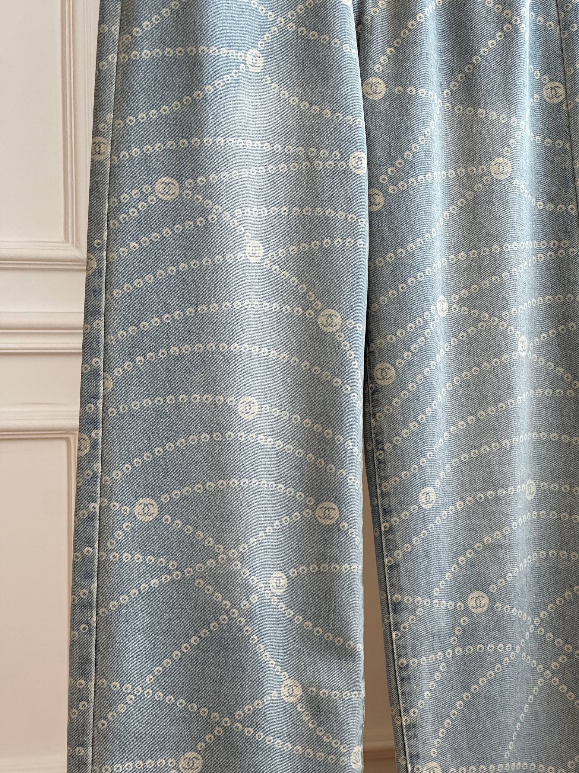 Chanel Pearl Chain CC Logo Printed Wide-Leg Jeans