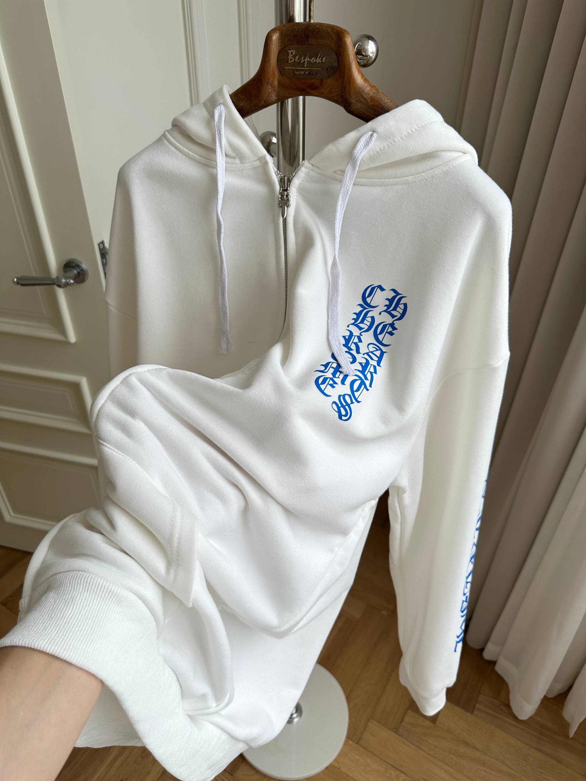 Chrome Hearts White Zip-up Hoodie with Blue Gothic Letter Print