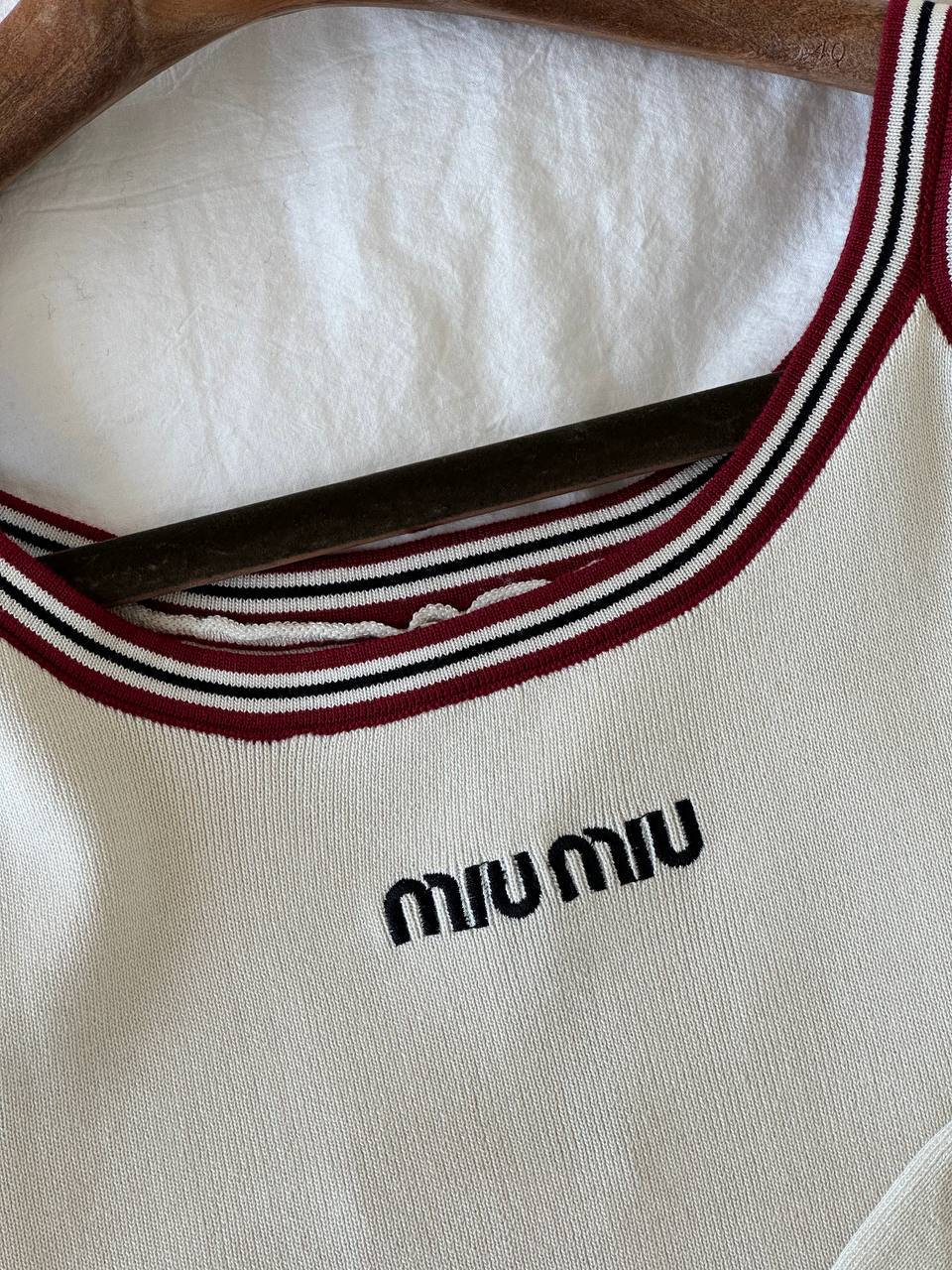 Miu Miu Cream Striped Trim Letter Embroidery Knit Cami Top & High Waist Pleated Skirt Two Piece Set