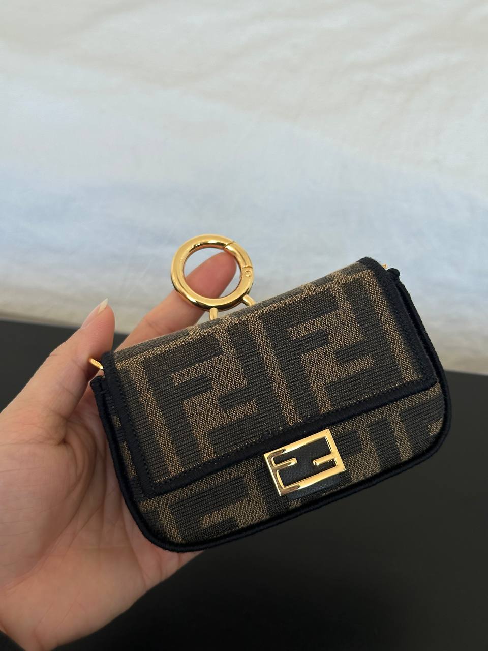 Fendi FF Zucca Canvas Mini Double F Gold Buckle Key Ring Card Coin Pouch