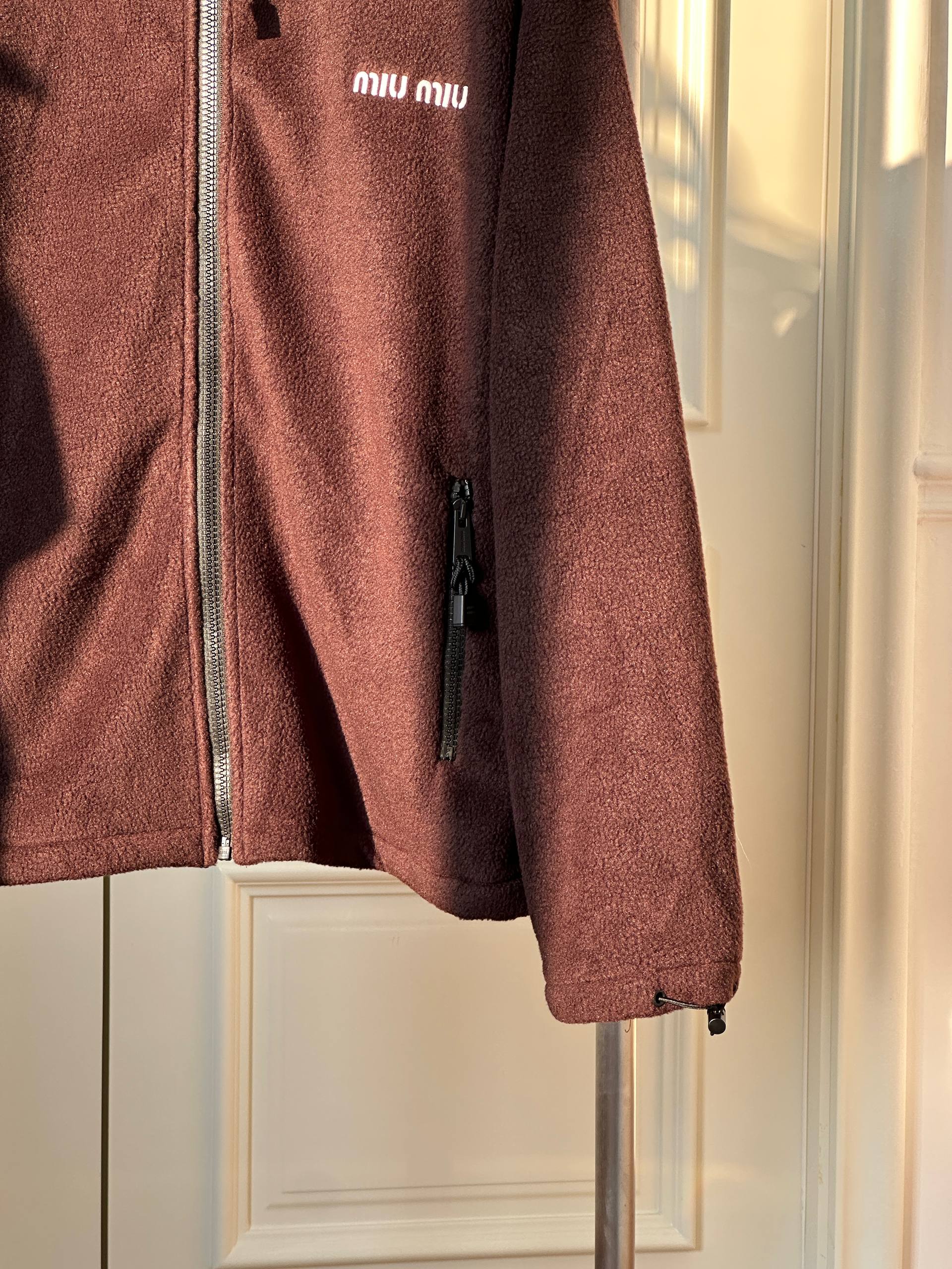 Miu Miu Stand Collar Fleece Zip Jacket with Chest Logo Embroidery