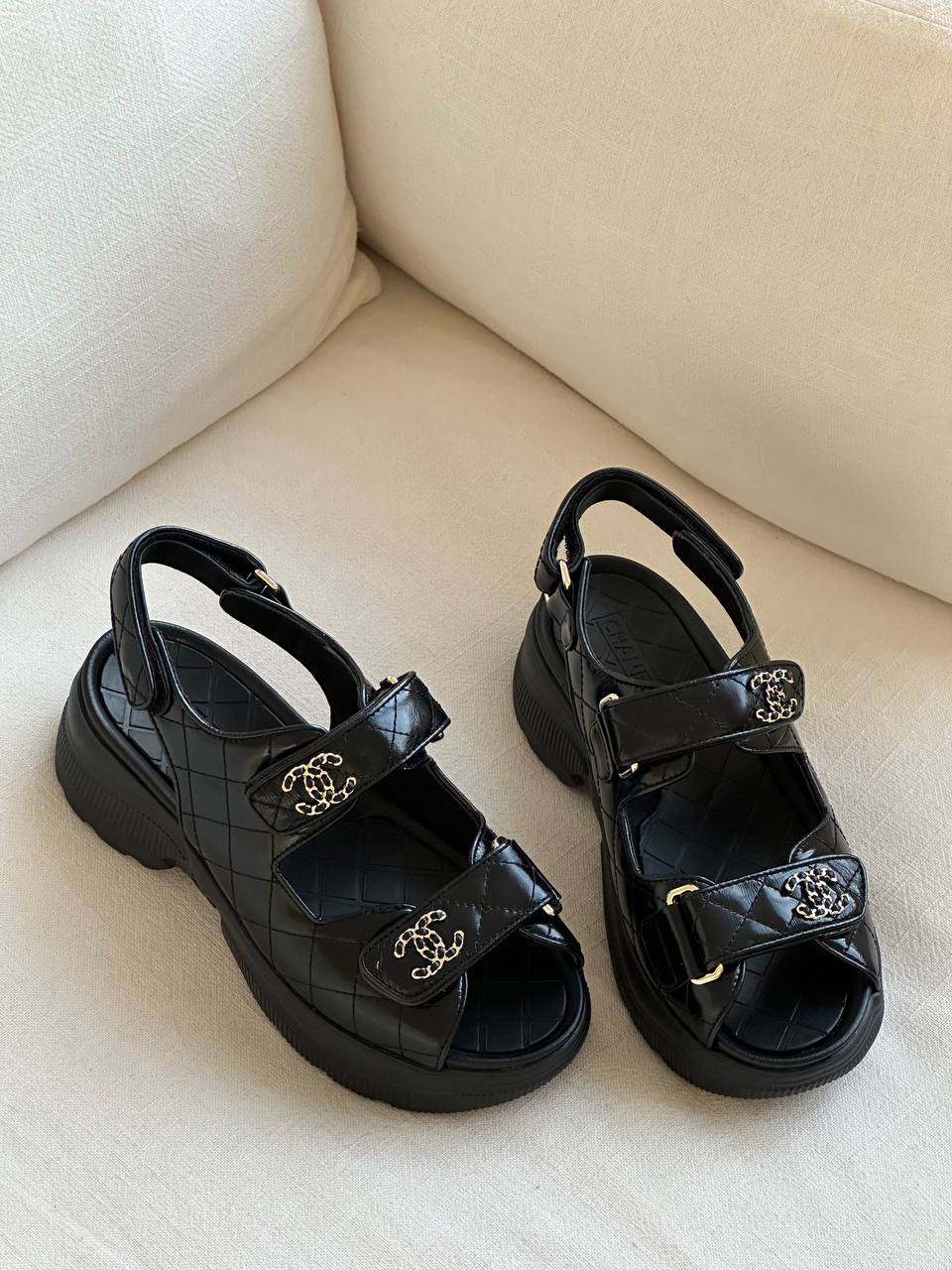 Chanel Black Quilted CC Gold Logo Velcro Chunky Platform Dad Sandals
