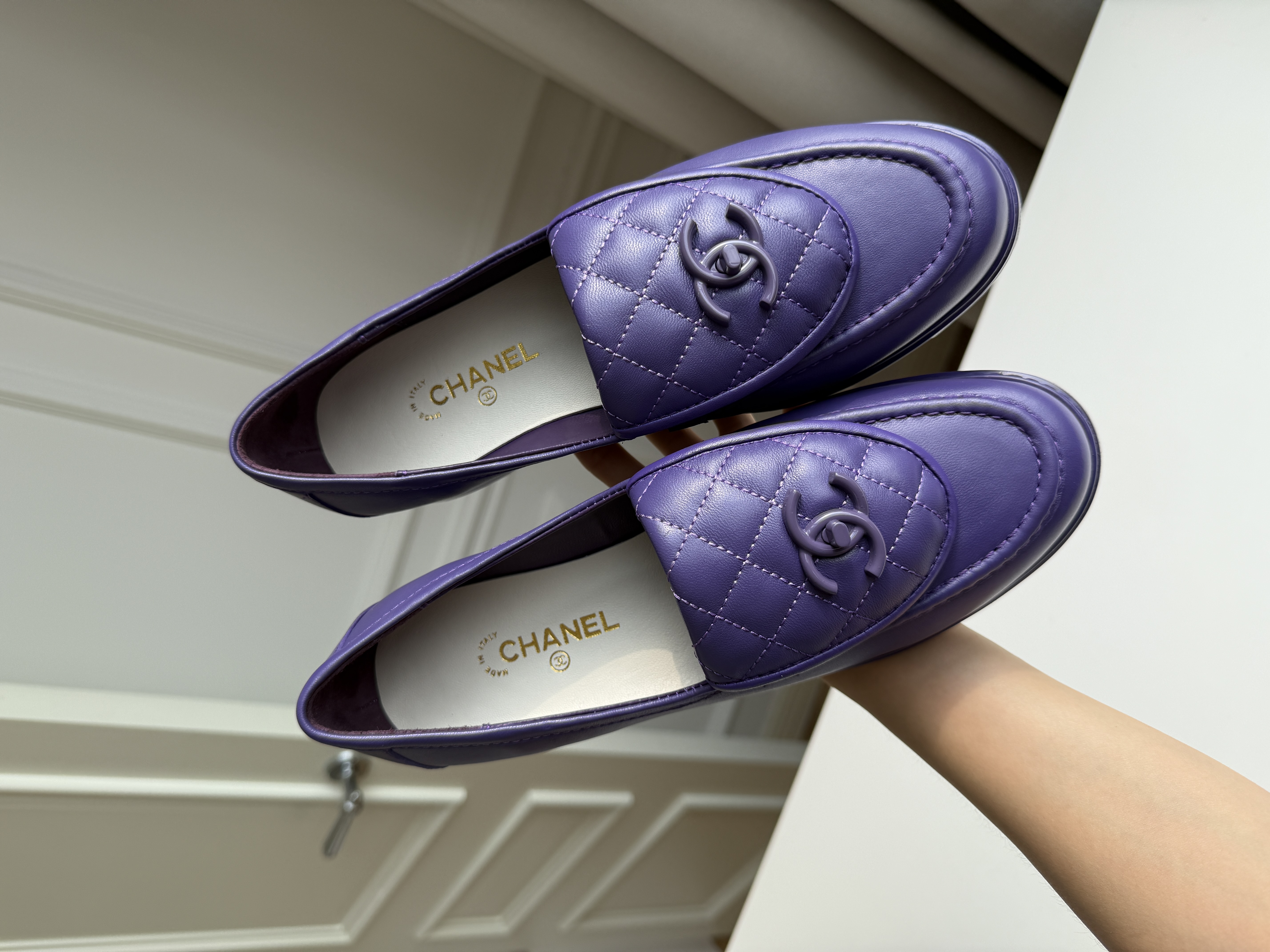 Chanel Purple Smooth Lambskin Quilted CC Logo Low Block Heel Loafers