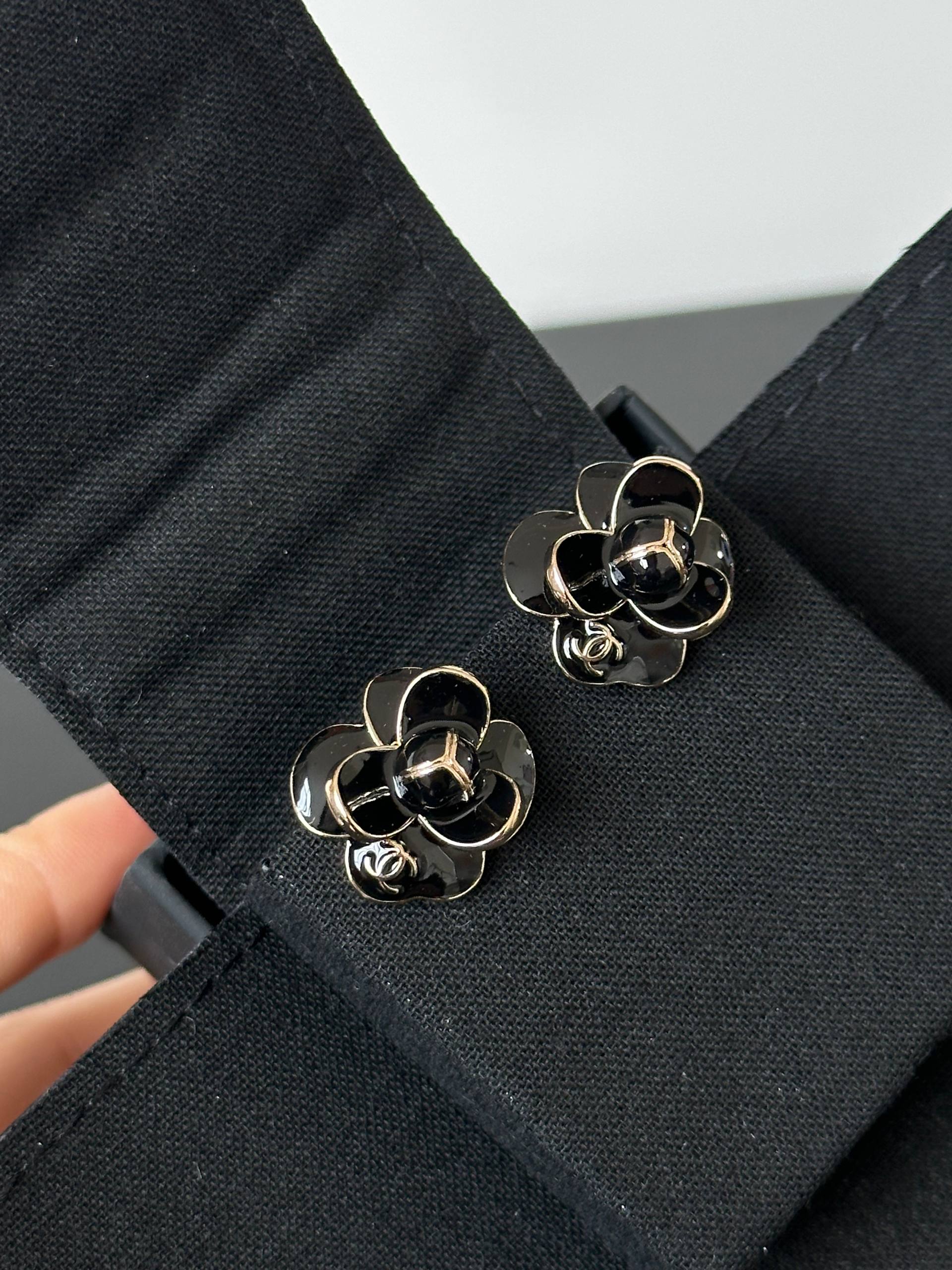 Chanel Black Gold Camellia Stud Earrings