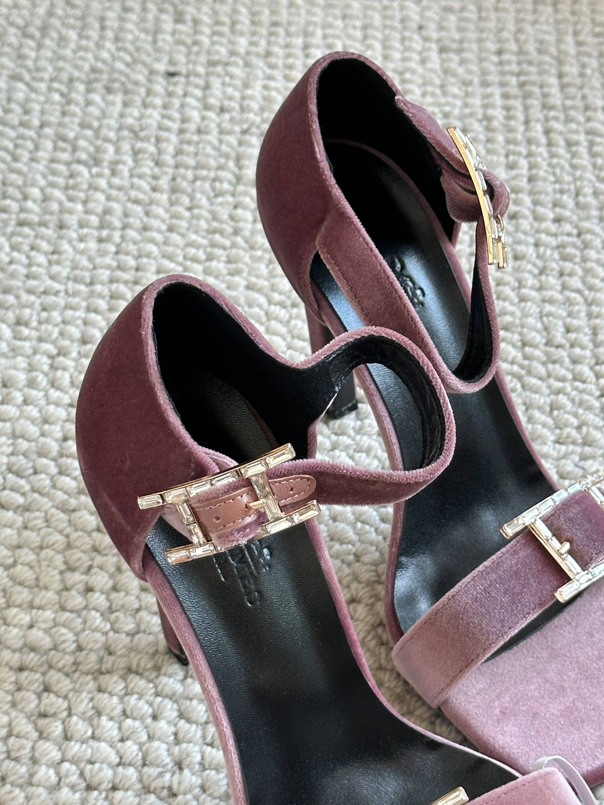 Hermès Dusty Pink Velvet Crystal H Buckle Block Heel Sandals