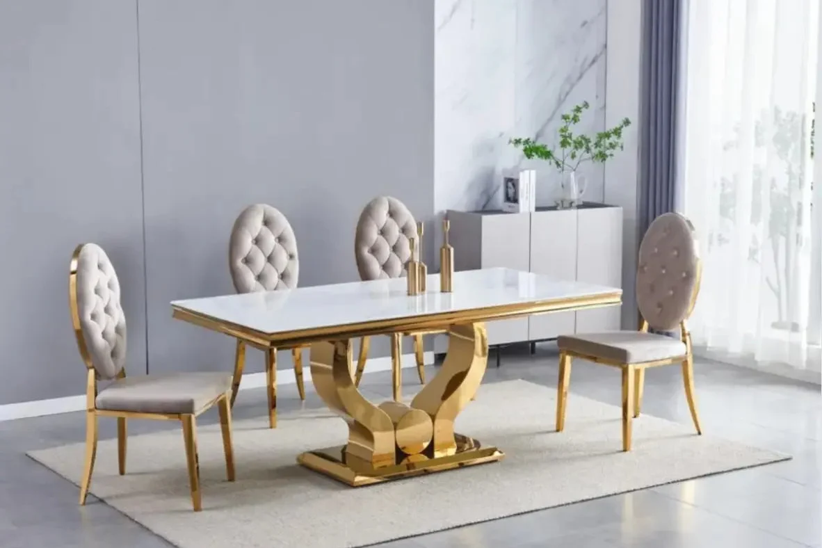 Table à Manger COURONNE en Verre trempé Effet Marbre