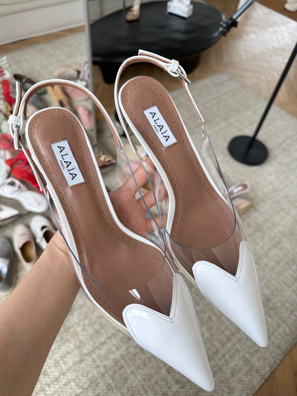 ALAÏA White Patent Leather Heart Pointed Toe Clear Slingback High Heels