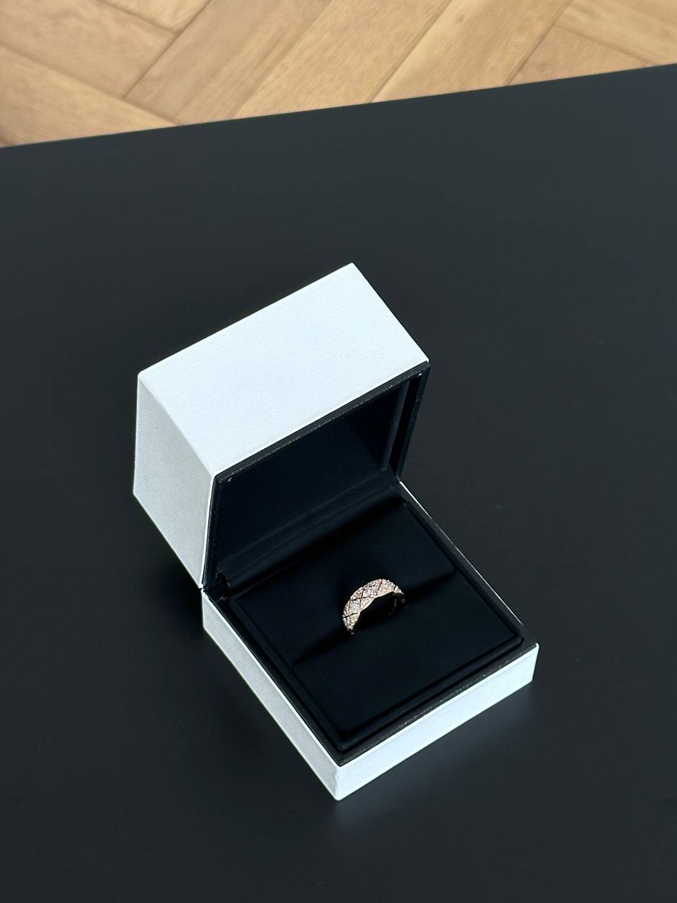 Chanel Coco Crush 18K Rose Gold Quilted Full Diamond Wide Band Ring