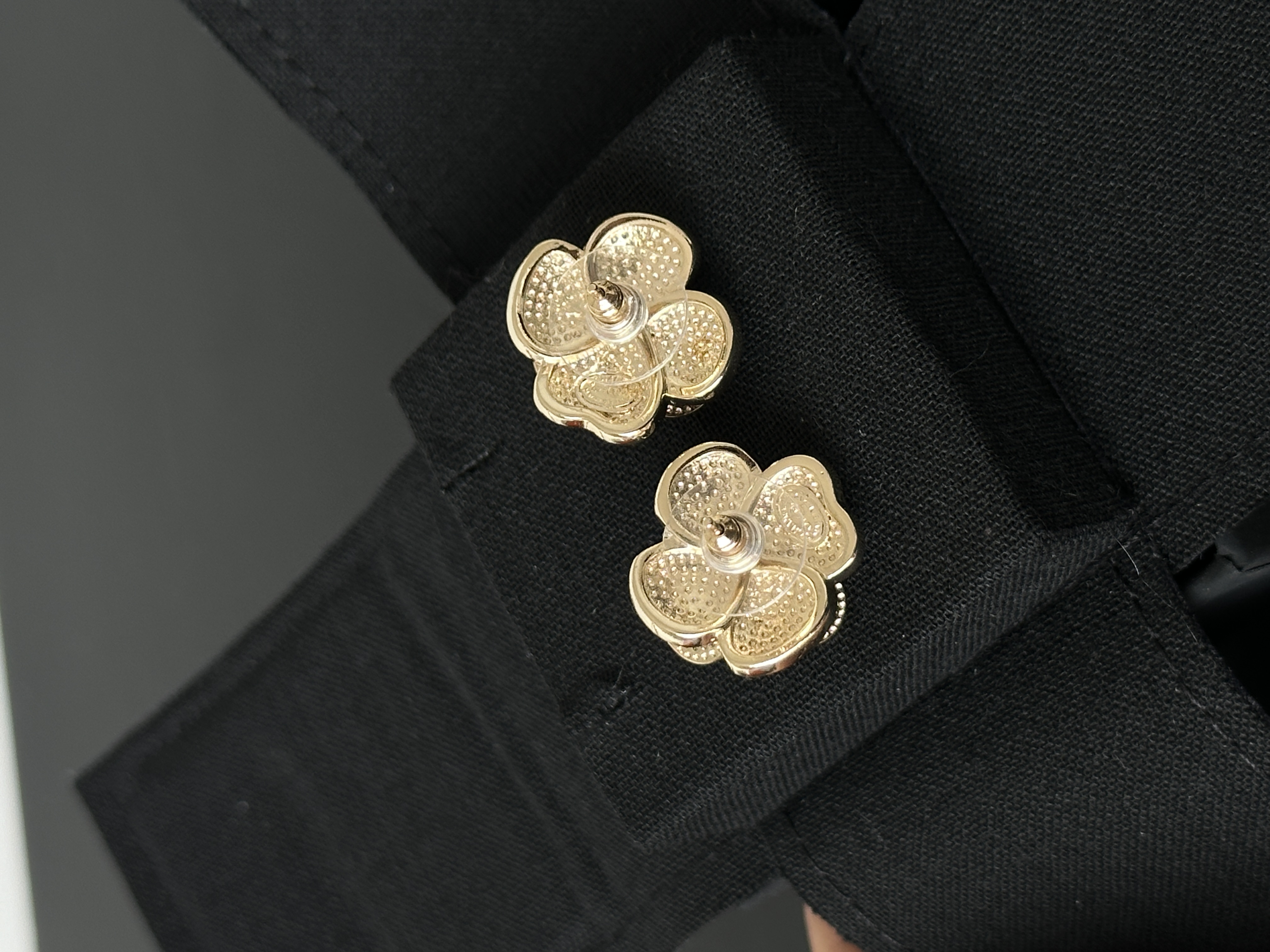 CHANEL Black Enamel Camellia CC Logo Stud Earrings