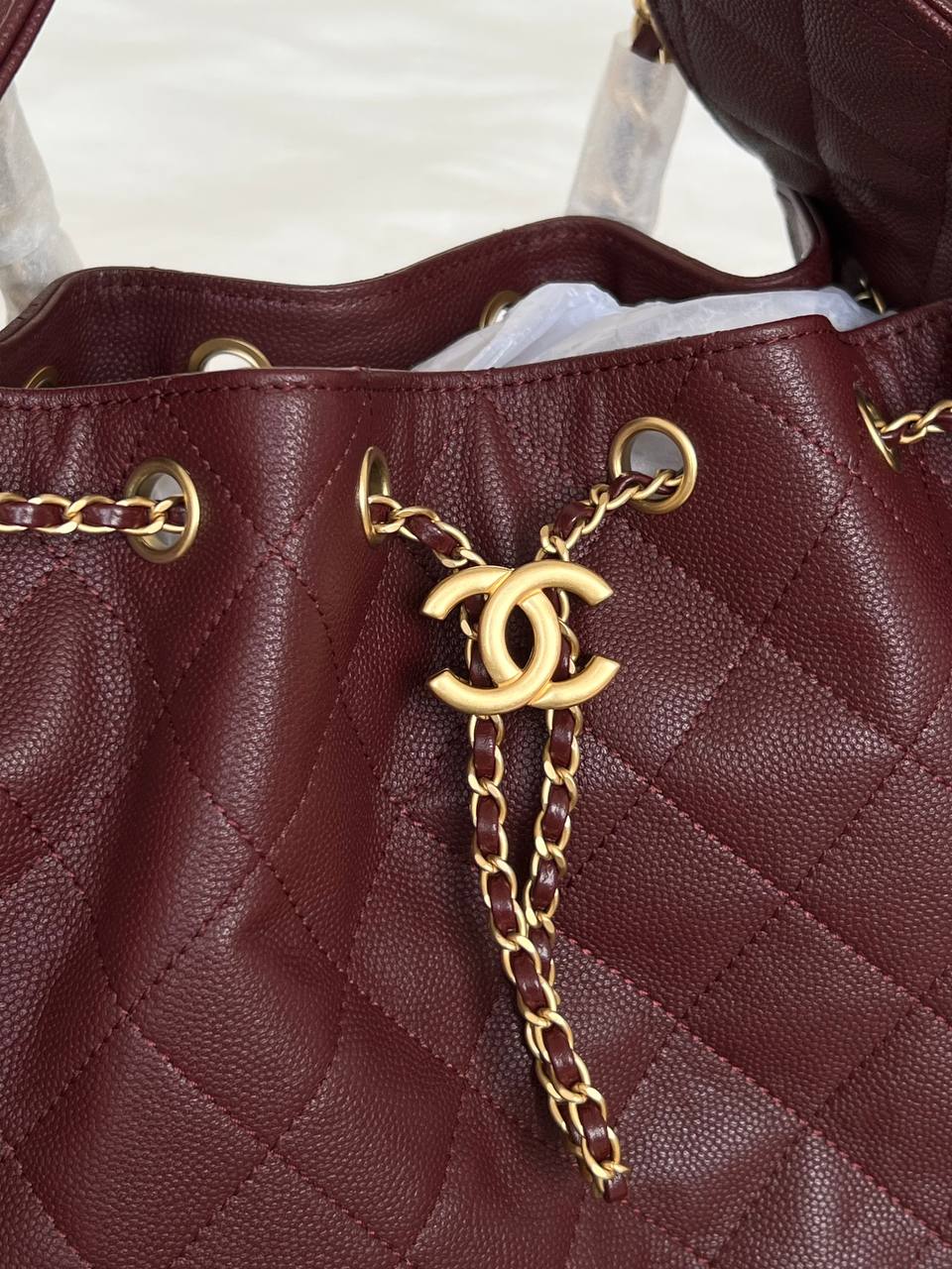 Chanel Burgundy Caviar Leather Quilted CC Drawstring Chain Tote Bag