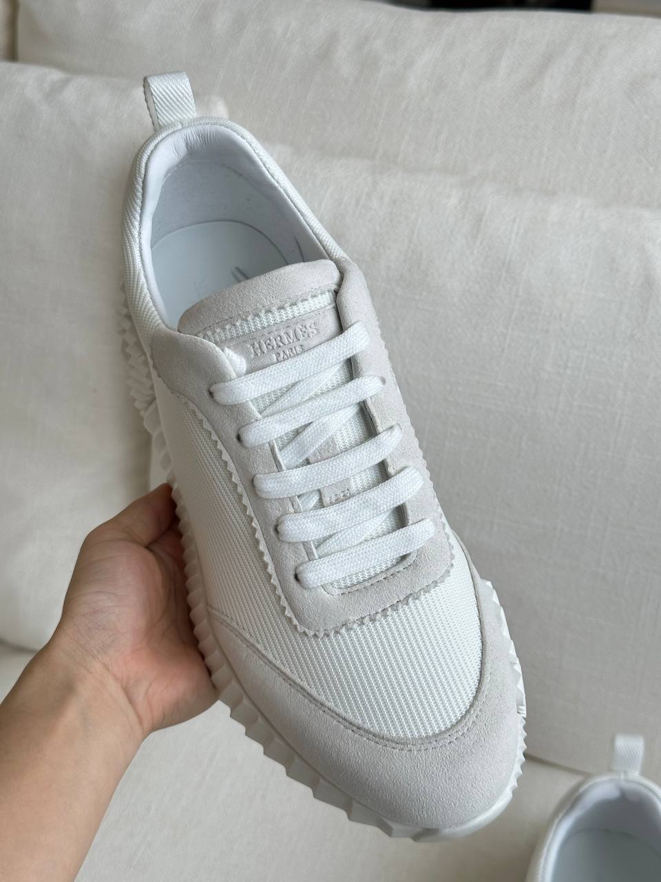 Hermès White Technical Fabric & Suede Chunky Sole Sneaker
