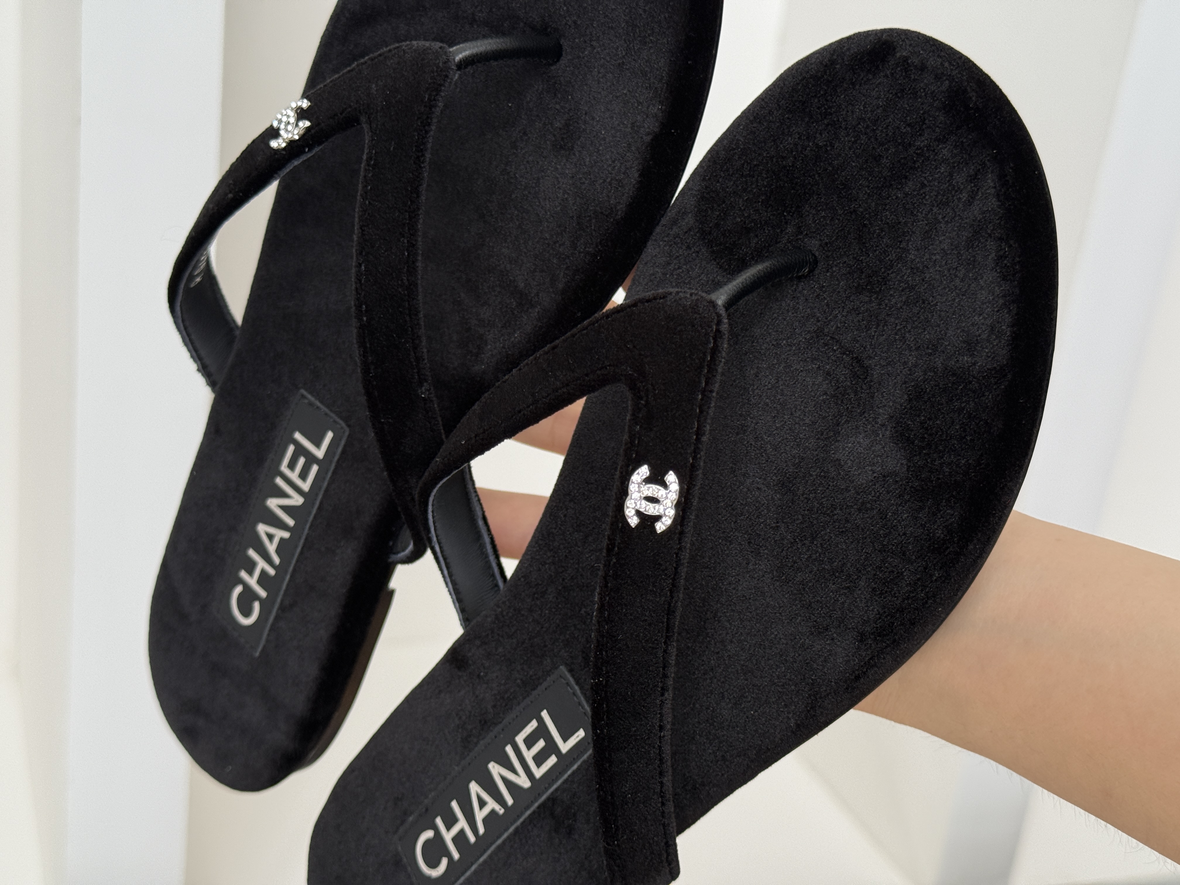CHANEL Velvet Flip-Flop Sandals with Crystal CC Logo