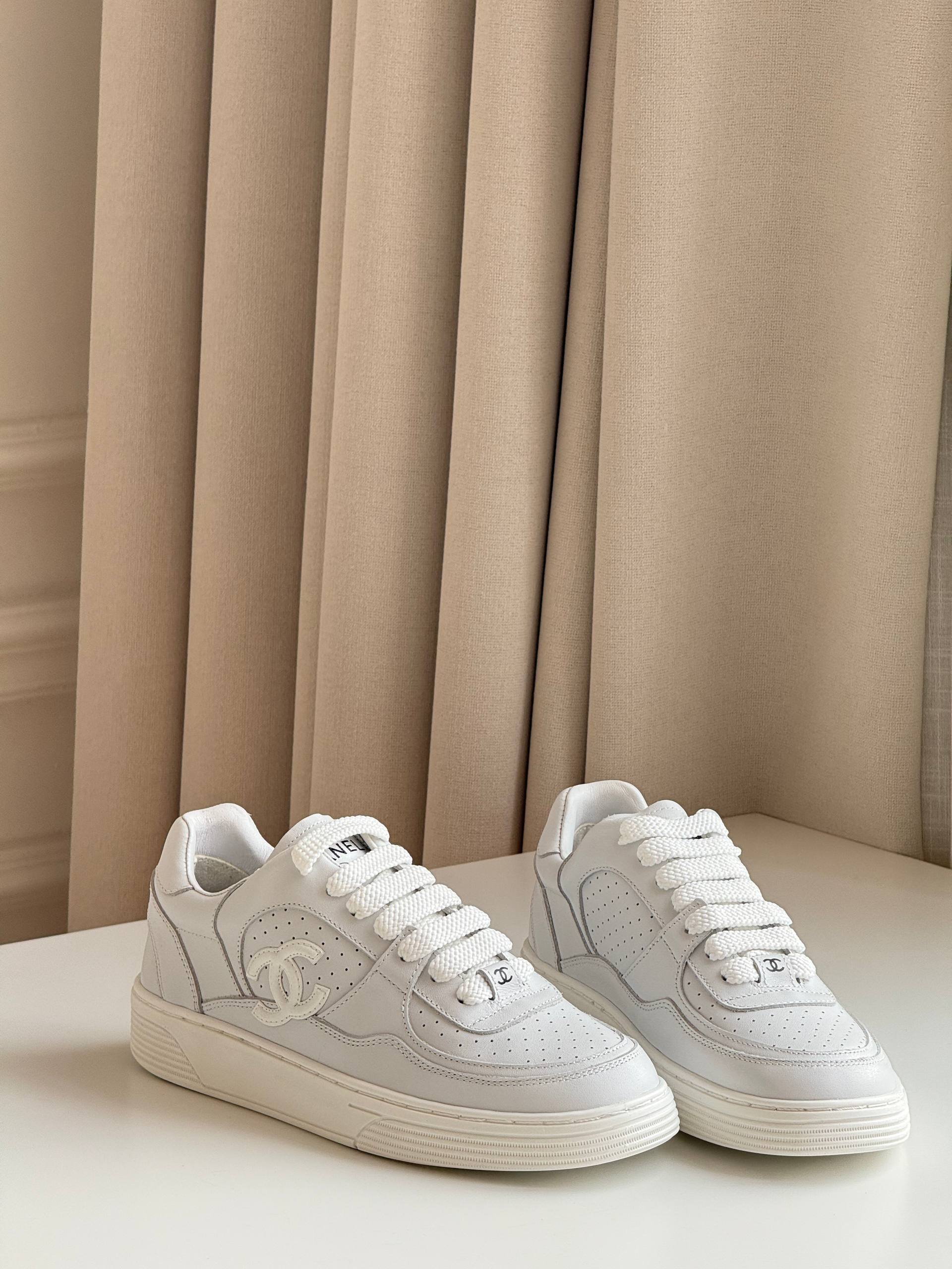 Chanel full-grain leather CC white sneakers