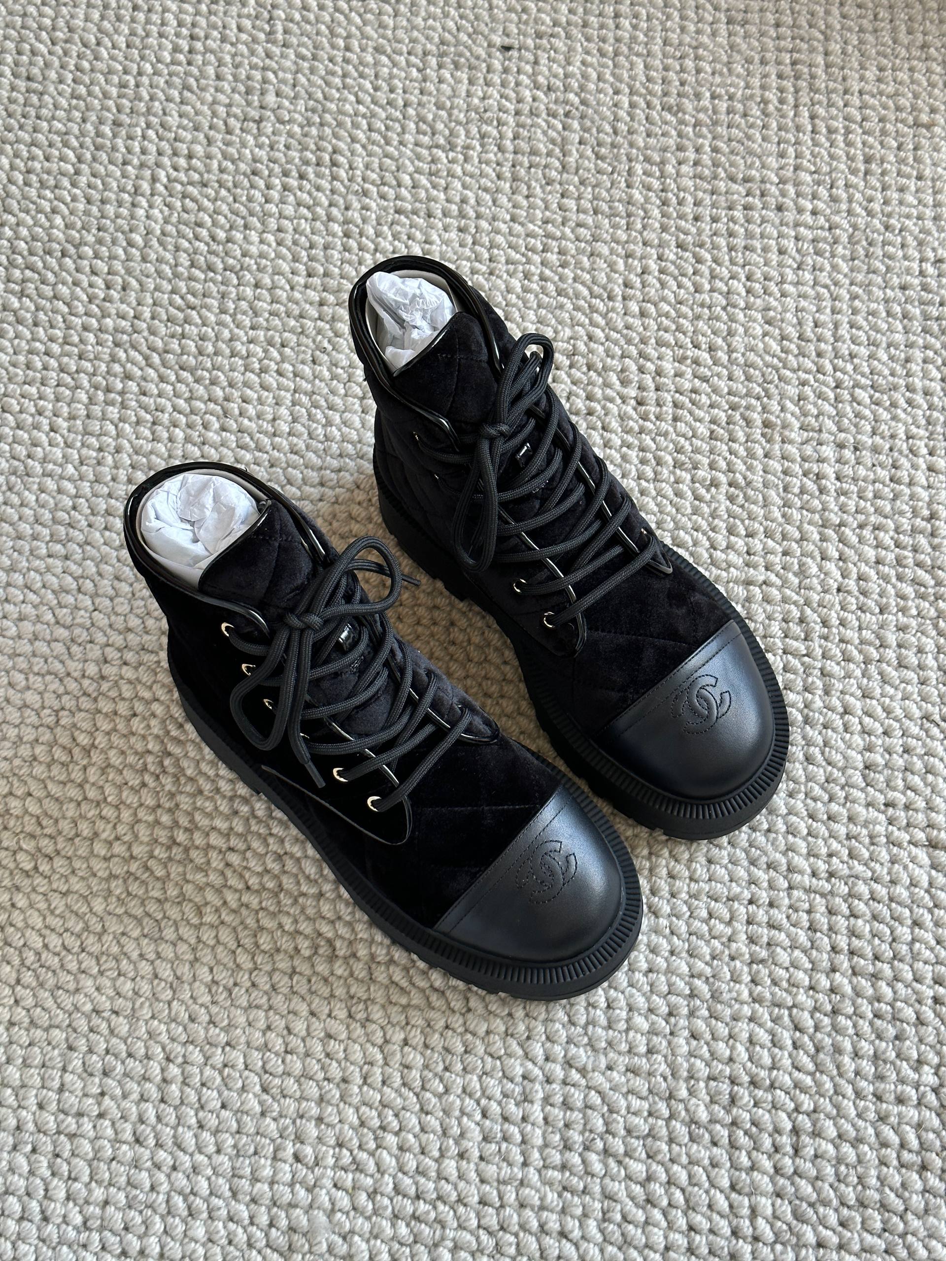 Chanel Black Velvet & Lambskin Quilted Platform Combat Ankle Boots