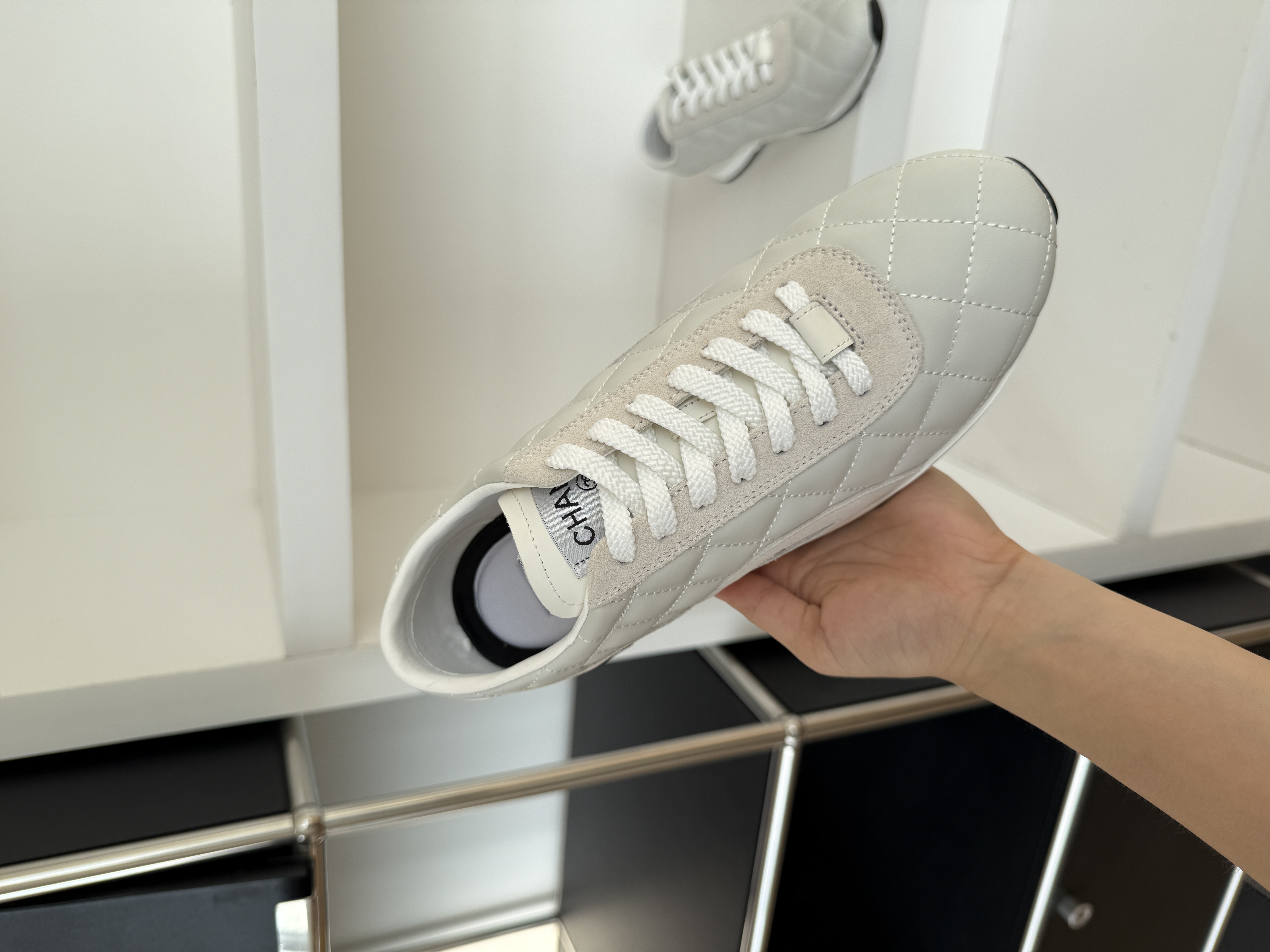 Chanel Quilted Lambskin Suede Trim Lace-Up Trainer Sneakers