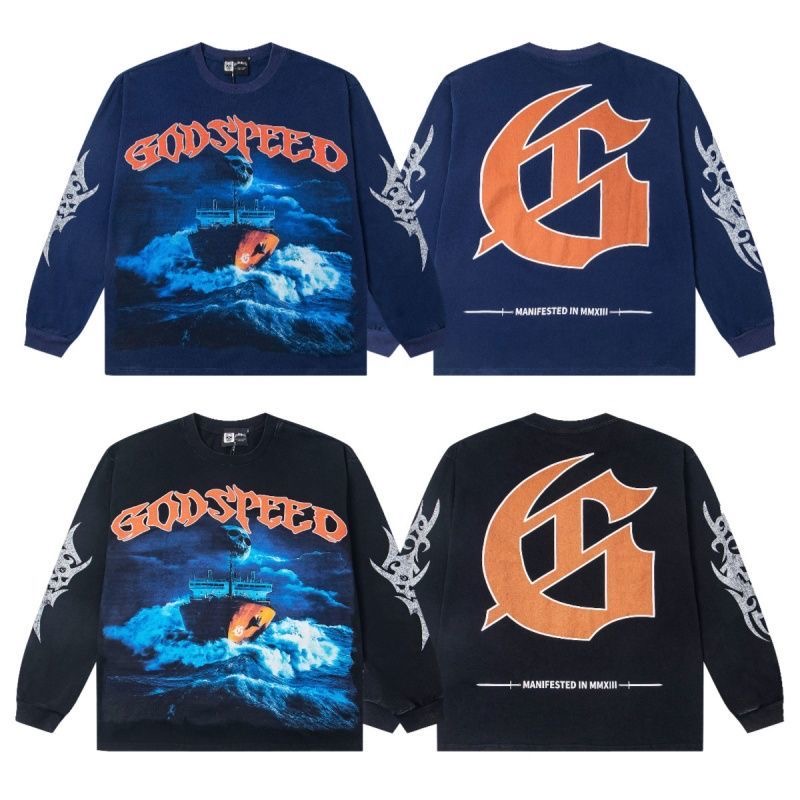 Godspeed ship letter printed long sleeved couple round neck base shirt