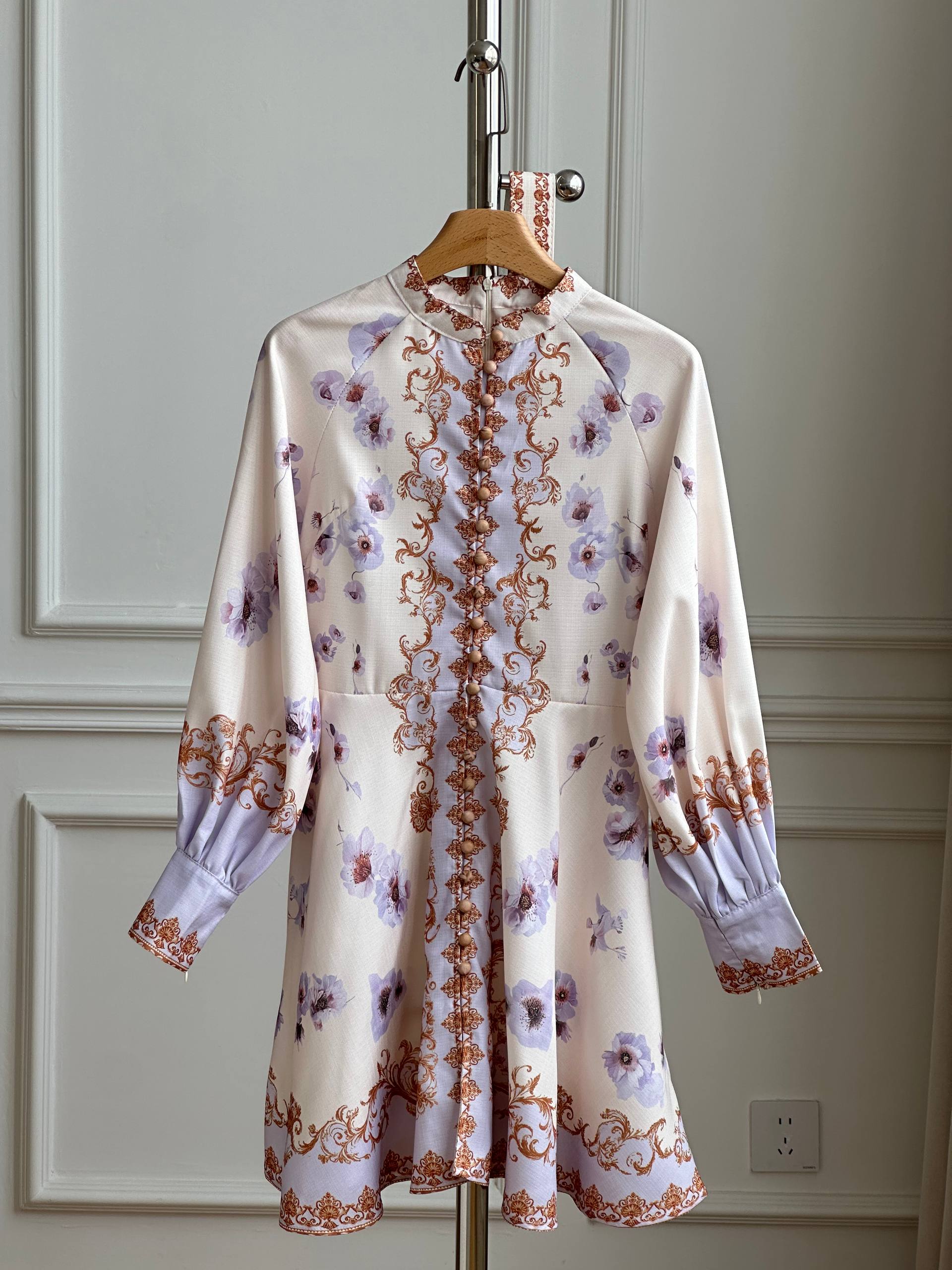 Stand Collar Button Front Floral Print Puff Sleeve Waisted Mini Dress