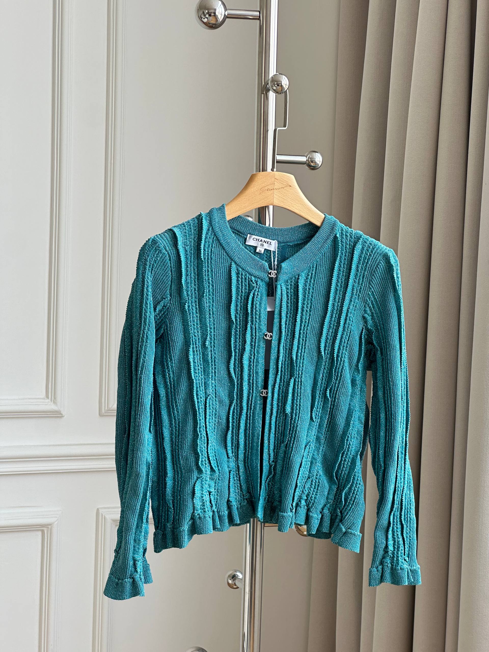 Chanel Peacock Blue Textured Knit Cardigan with CC Buttons