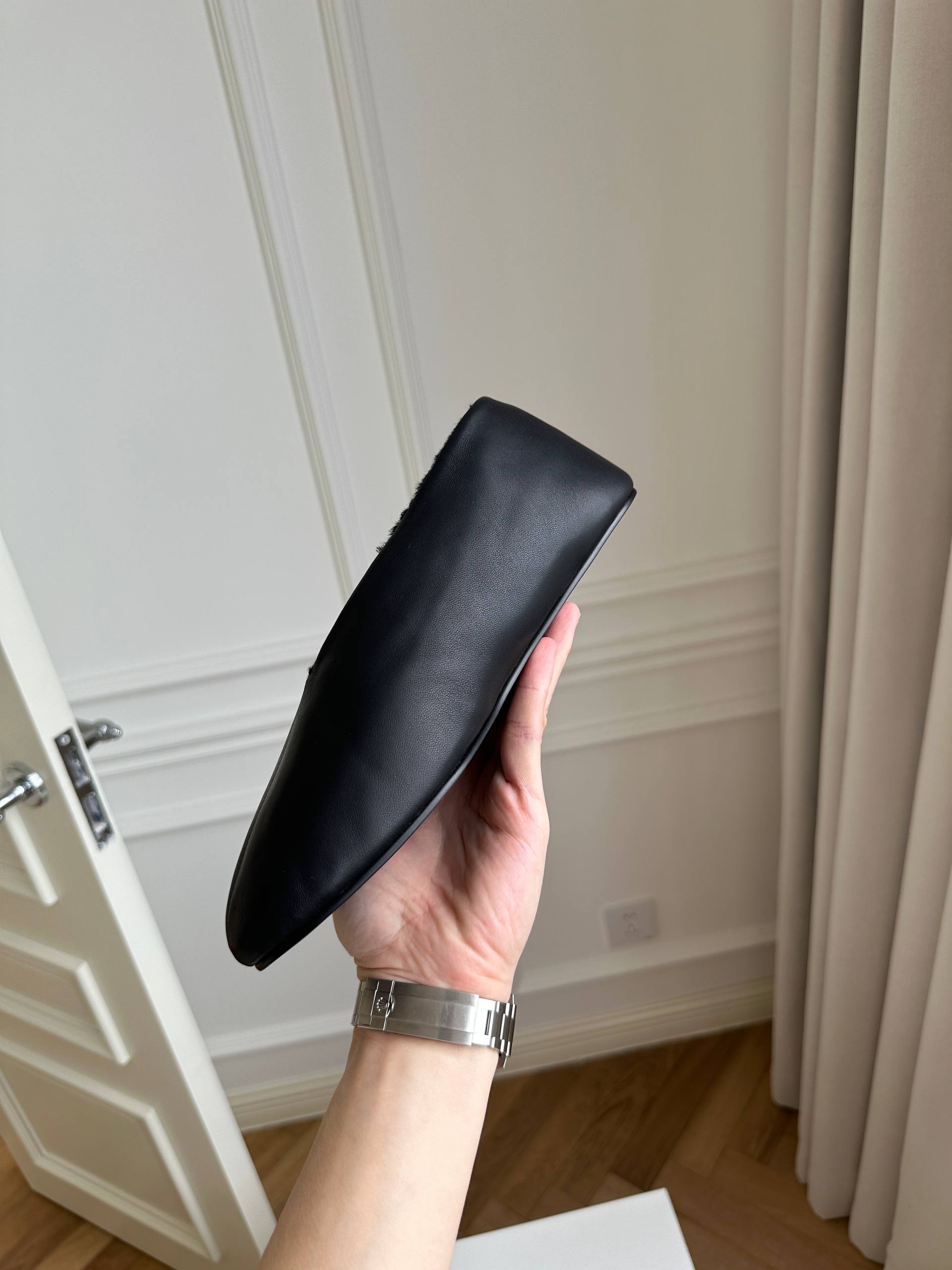 THE ROW Black Lambskin Shearling Lined V-Neck Slip-On Mules