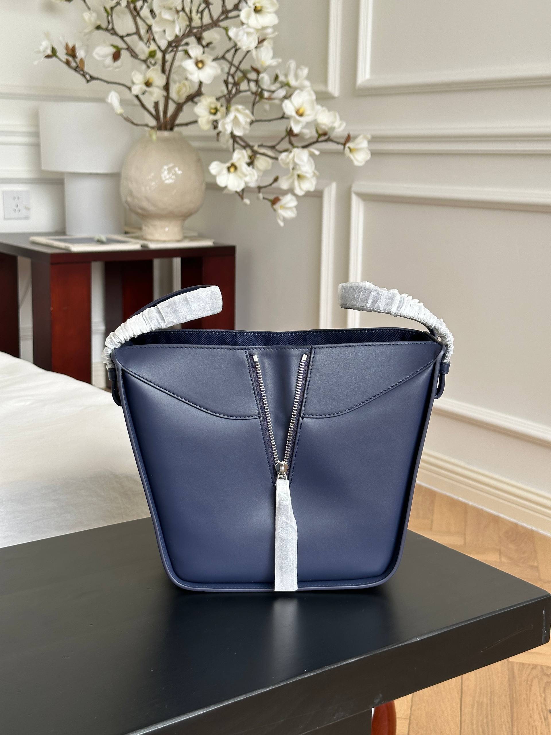 LOEWE Small Hammock Dark Navy Smooth Leather Bag with Anagram Webbing Strap