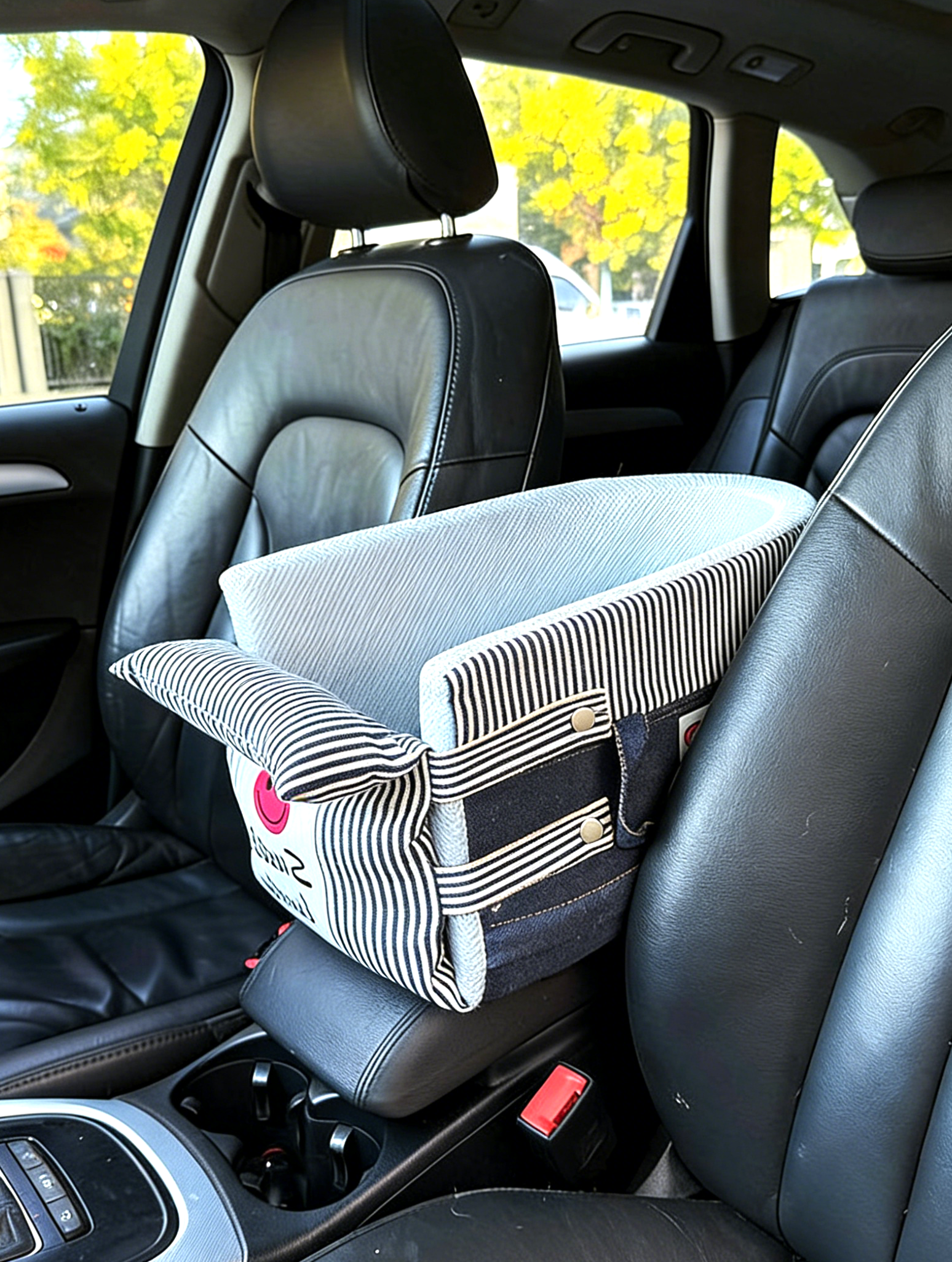 Portable Denim Stripe Pet Car Seat Secure Travel Carrier for Small Medium Dogs Cats - MAISONKAIRON