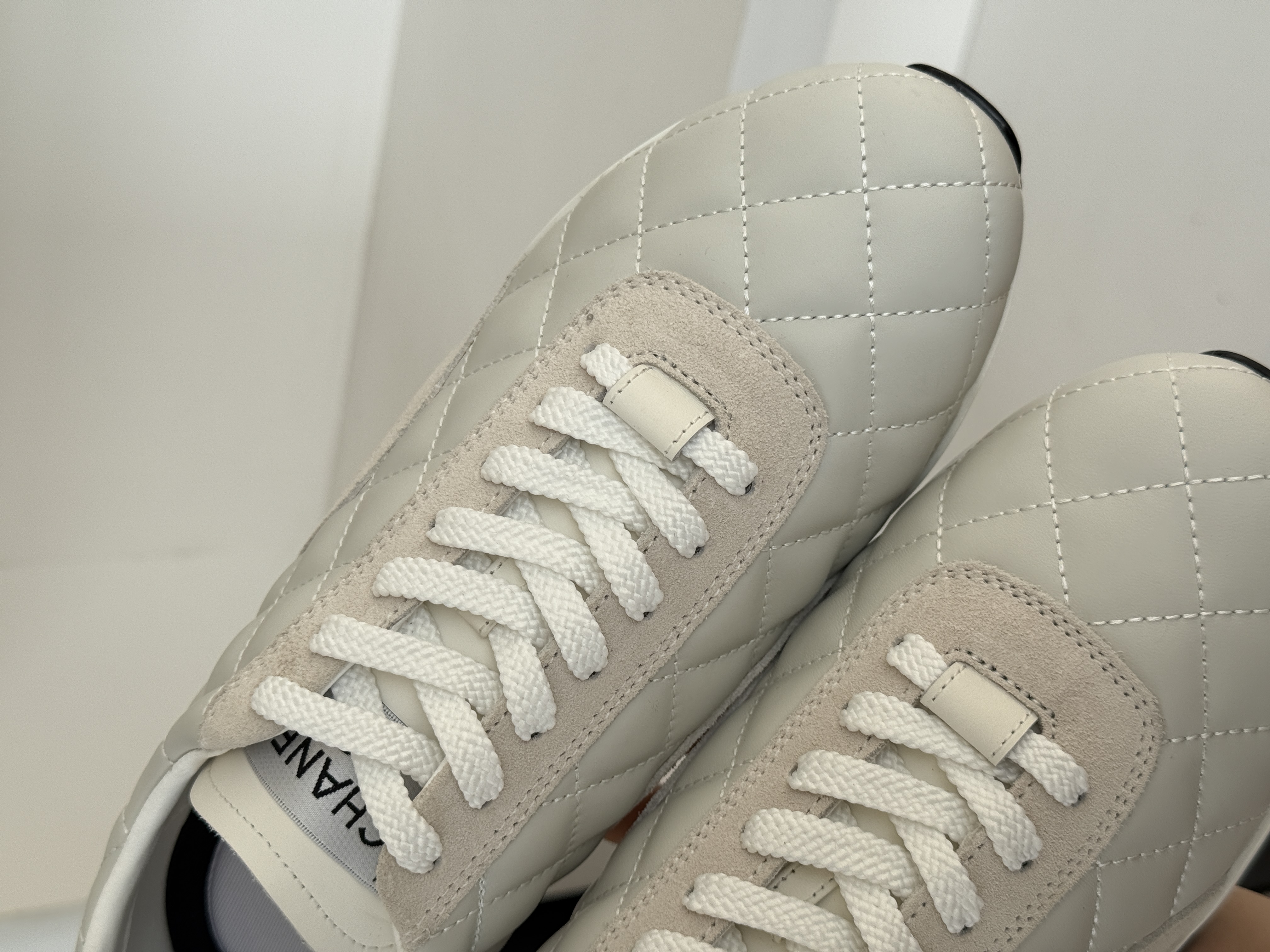 Chanel Quilted Lambskin Suede Trim Lace-Up Trainer Sneakers