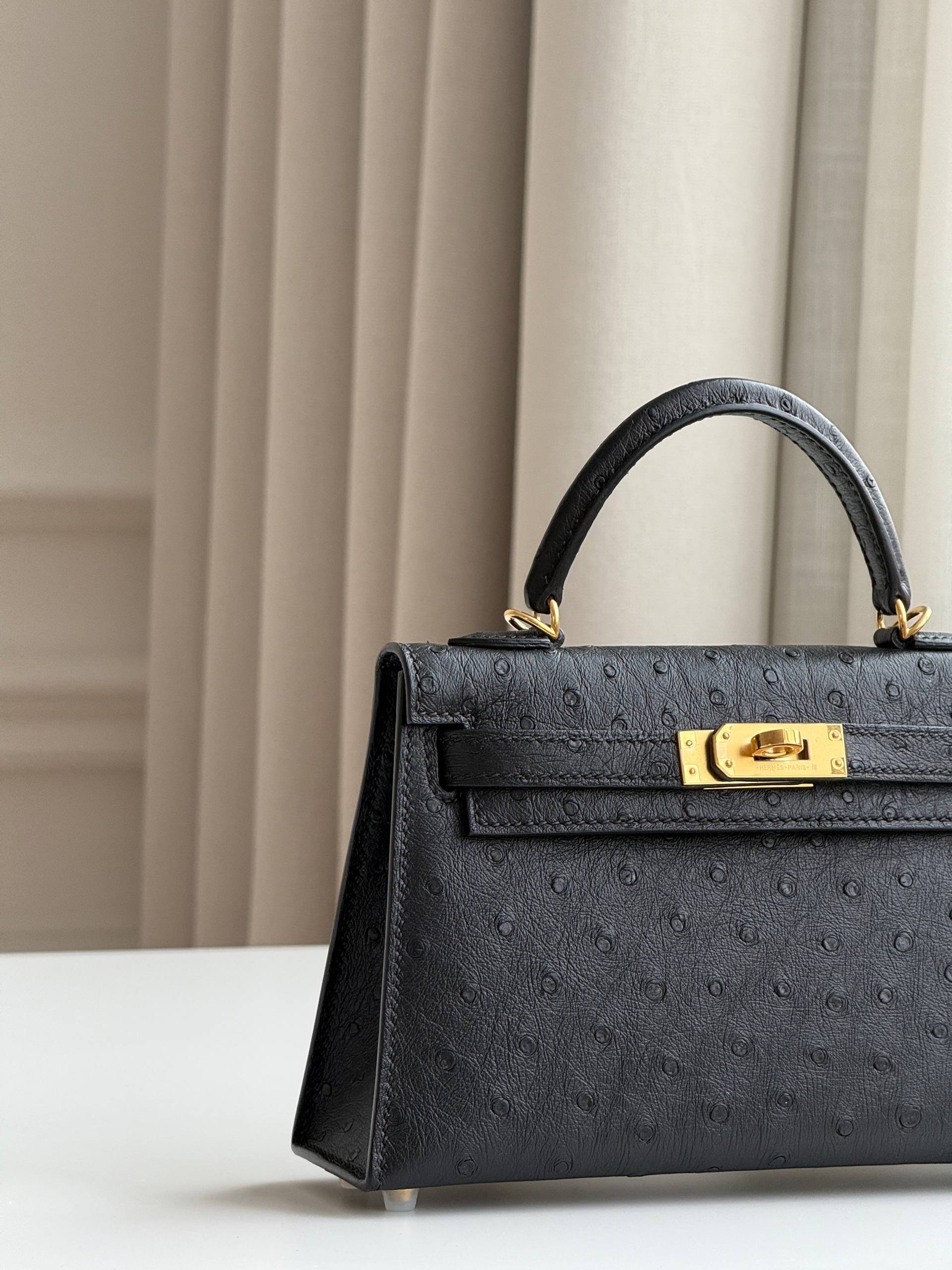 Mini Kelly 2 Ostrich Black Gold Hardware