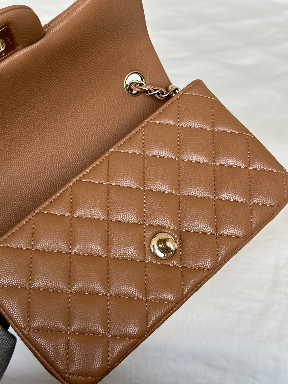 Chanel Milk Tea Caviar Leather Classic Flap Medium Light Gold Hardware Bag