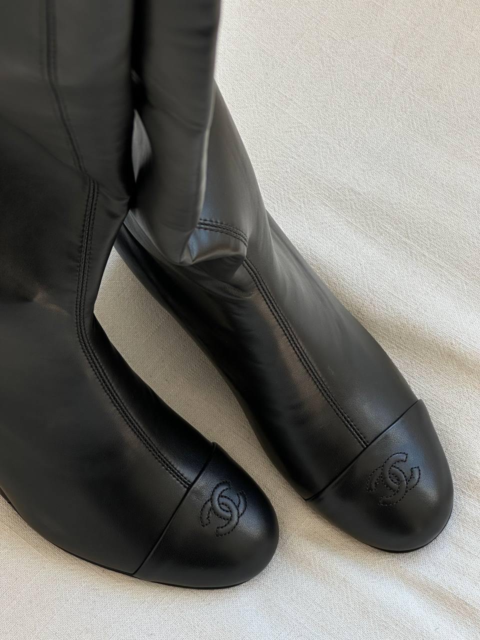 Chanel Black Smooth Lambskin Quilted Wedge Heel Knee-High Boots