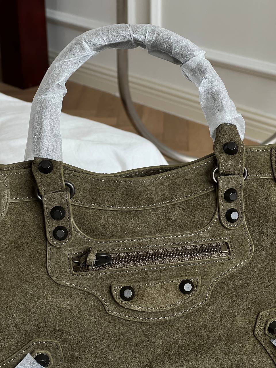 Balenciaga Khaki Suede Le City Vintage Rivet Handbag Crossbody