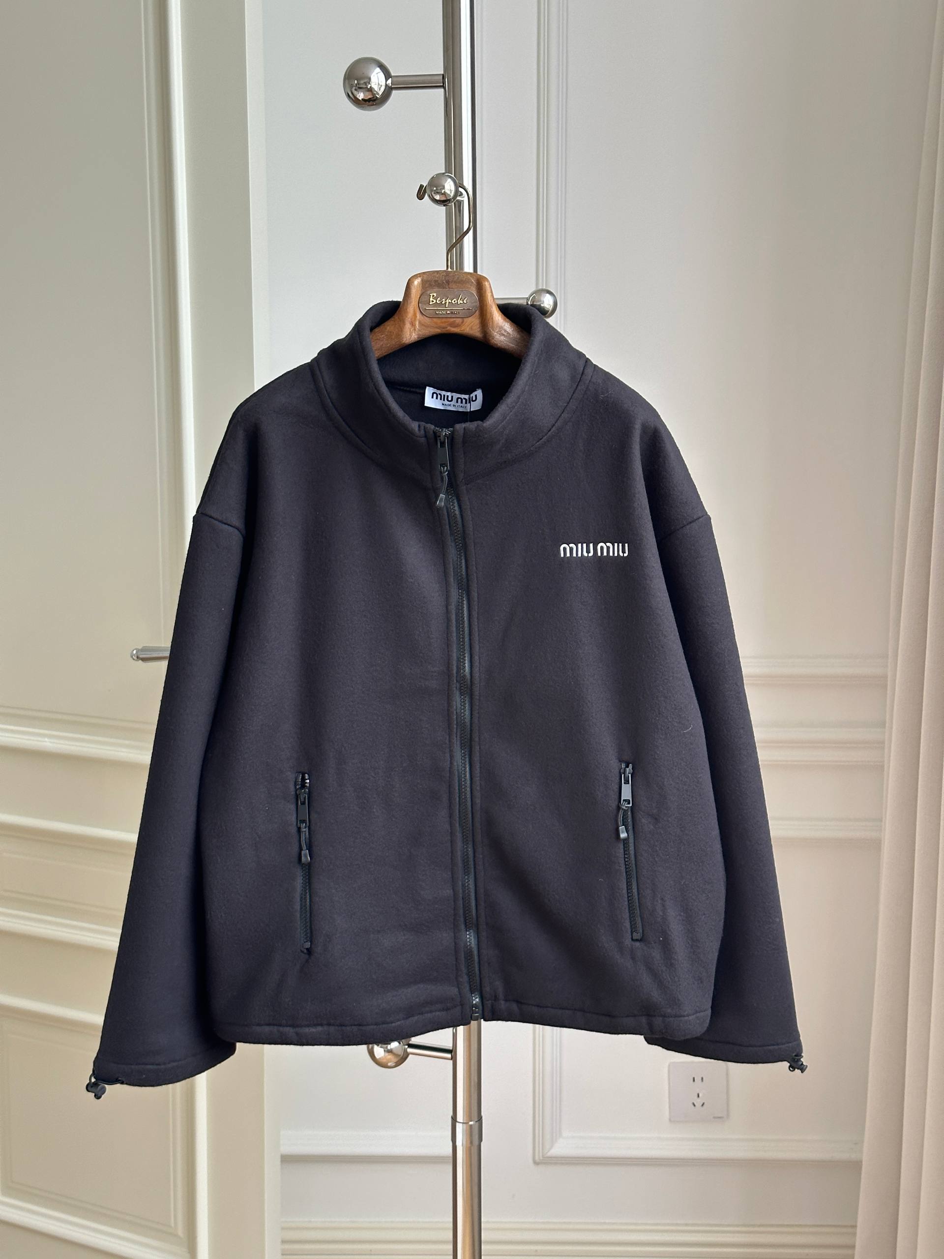 Miu Miu Black Stand Collar Fleece Zip Jacket with Front Embroidery Logo