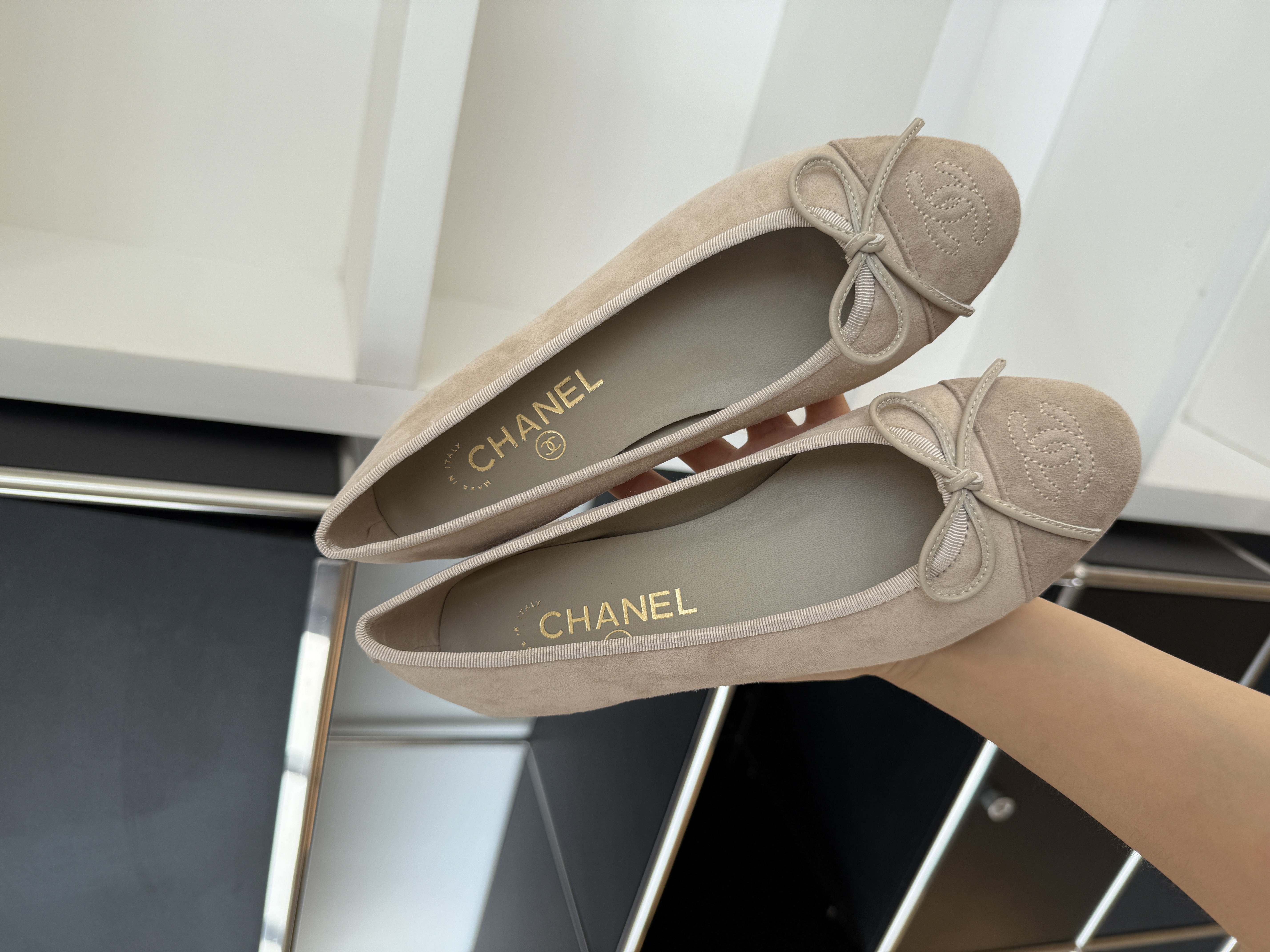 CHANEL Suede Bow CC Embroidered Ballerina Flat Shoes