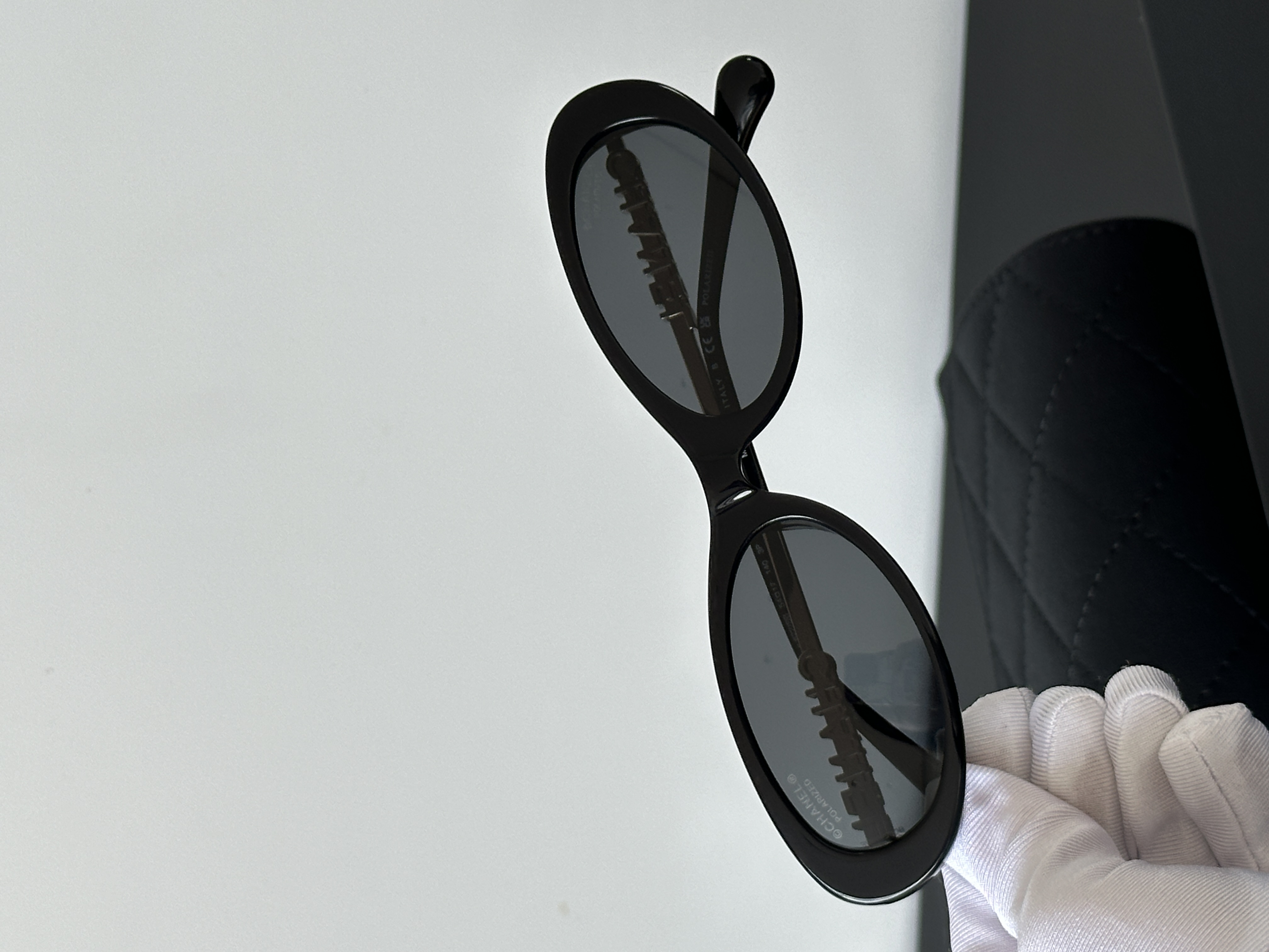 Chanel Black Oval Acetate Chain Temple Polarized Sunglasses