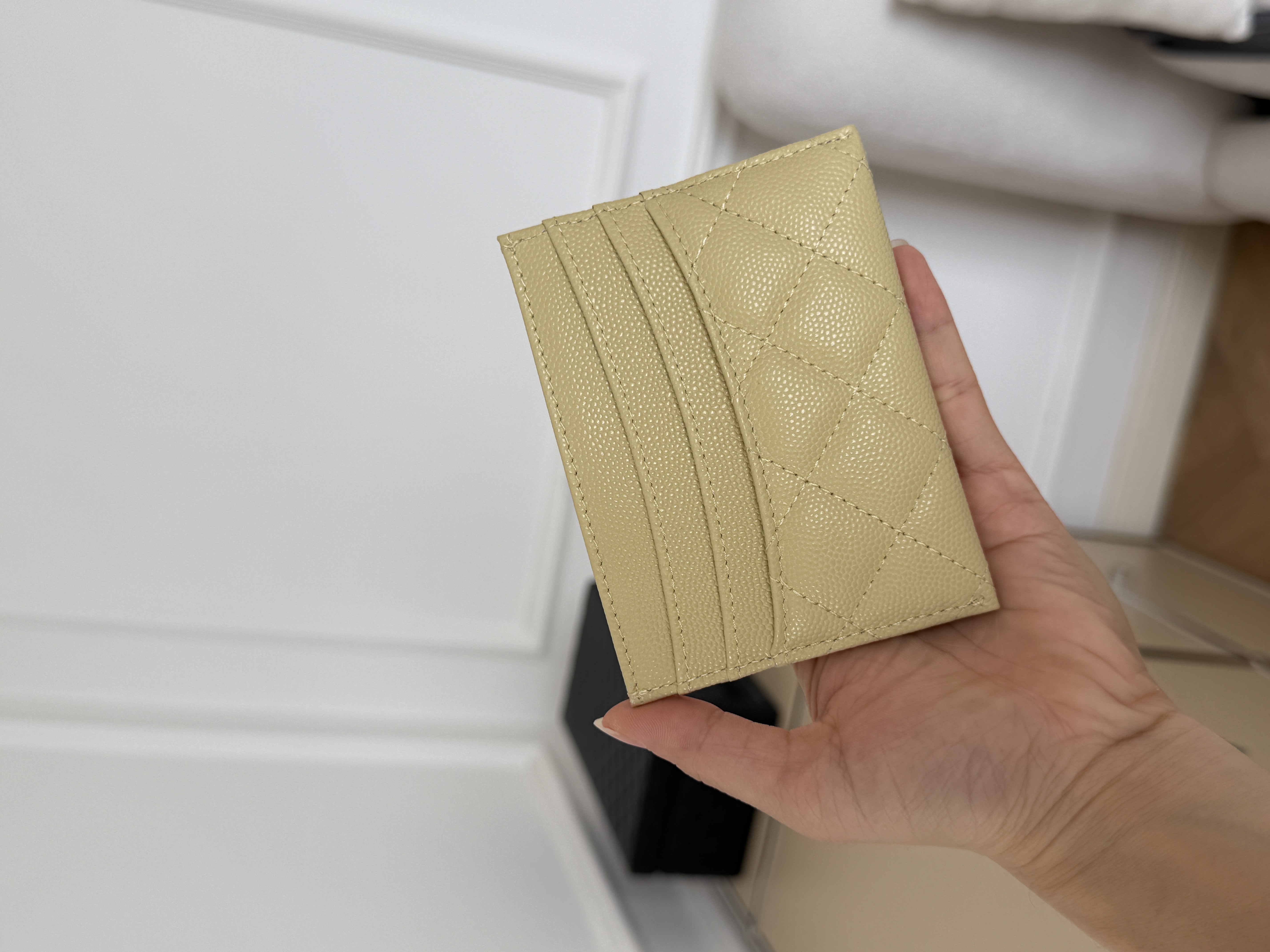 Chanel Light Milk Tea Caviar Leather Quilted Card Holder With Gold Interlocking CC Logo