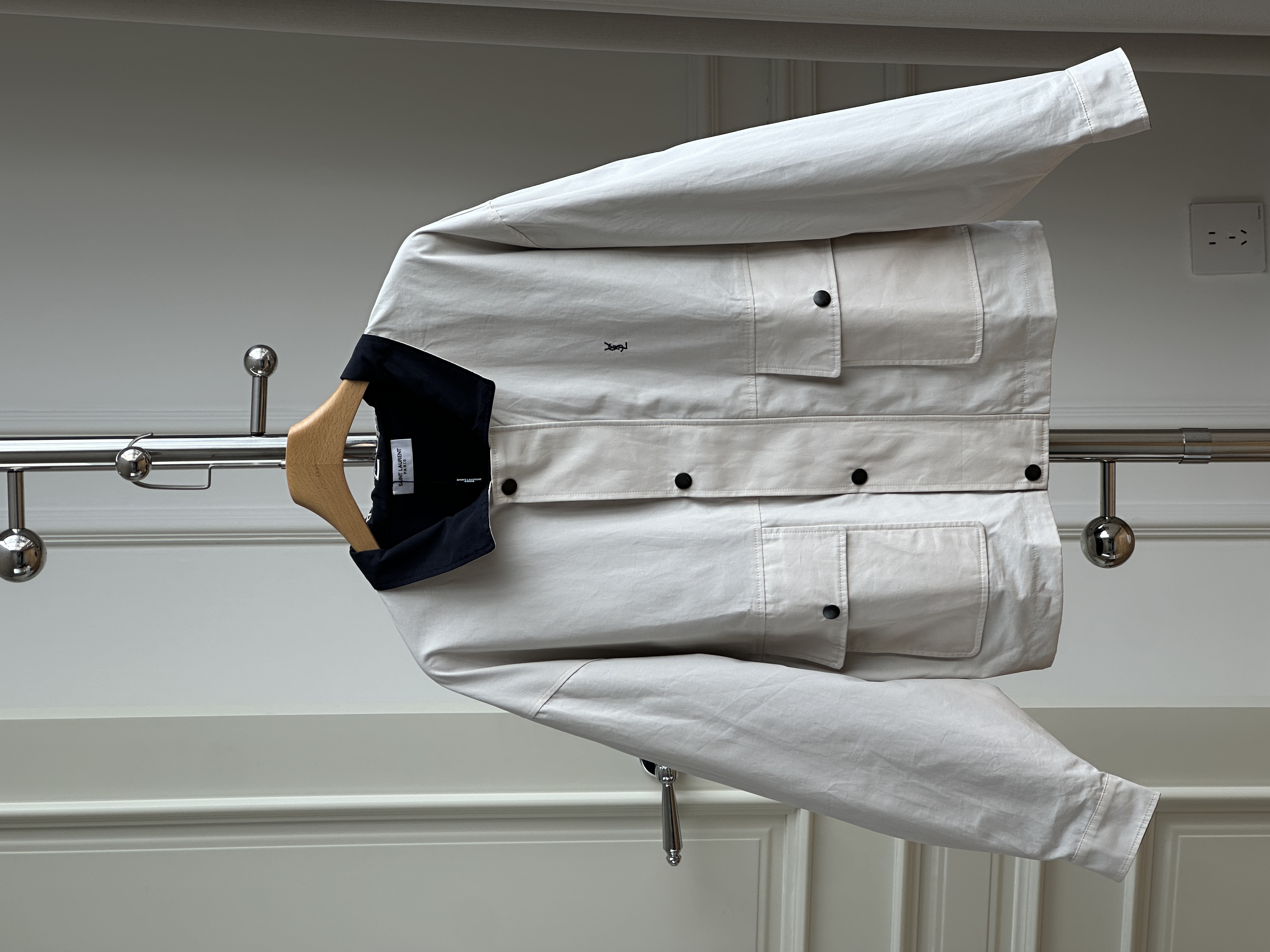 Saint Laurent Off-White Contrast Navy Collar Embroidered YSL Multi-Pocket Workwear Jacket
