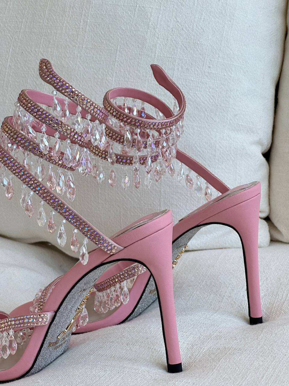 René Caovilla Pink Satin Multi-Layer Crystal Fringe Ankle Wrap Stiletto Sandals