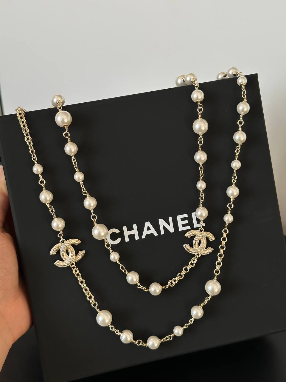 Chanel Long Necklace with Glass Pearls & CC Logos