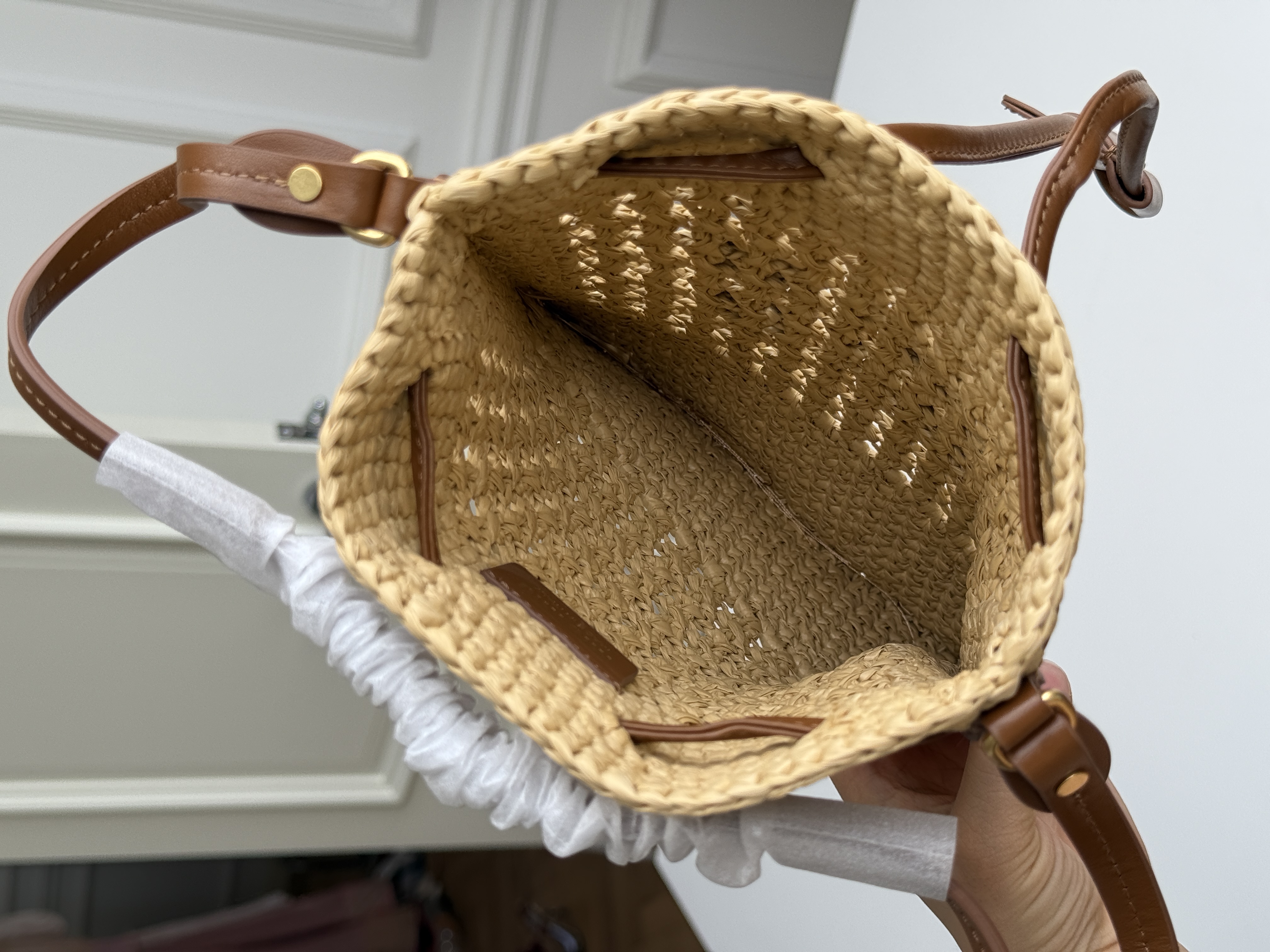 Miu Miu Beige Raffia Woven Drawstring Bucket Crossbody Bag