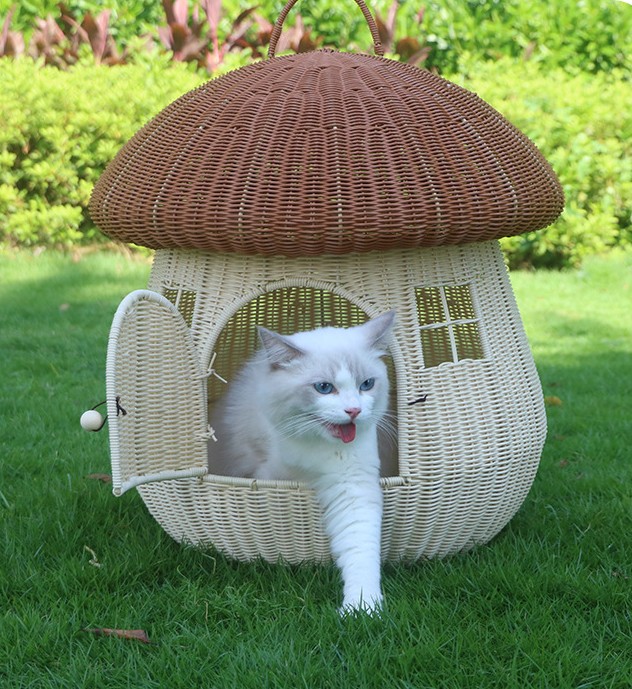 Handmade Mushroom-Shaped Wicker Pet Bed with Enclosed Door, Cute Natural Breathable Shelter - MAISONKAIRON