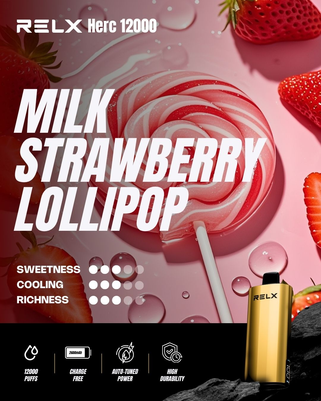 Relx Herc 12000 Puffs-MILK STRAWBERRK LOLLIPOP