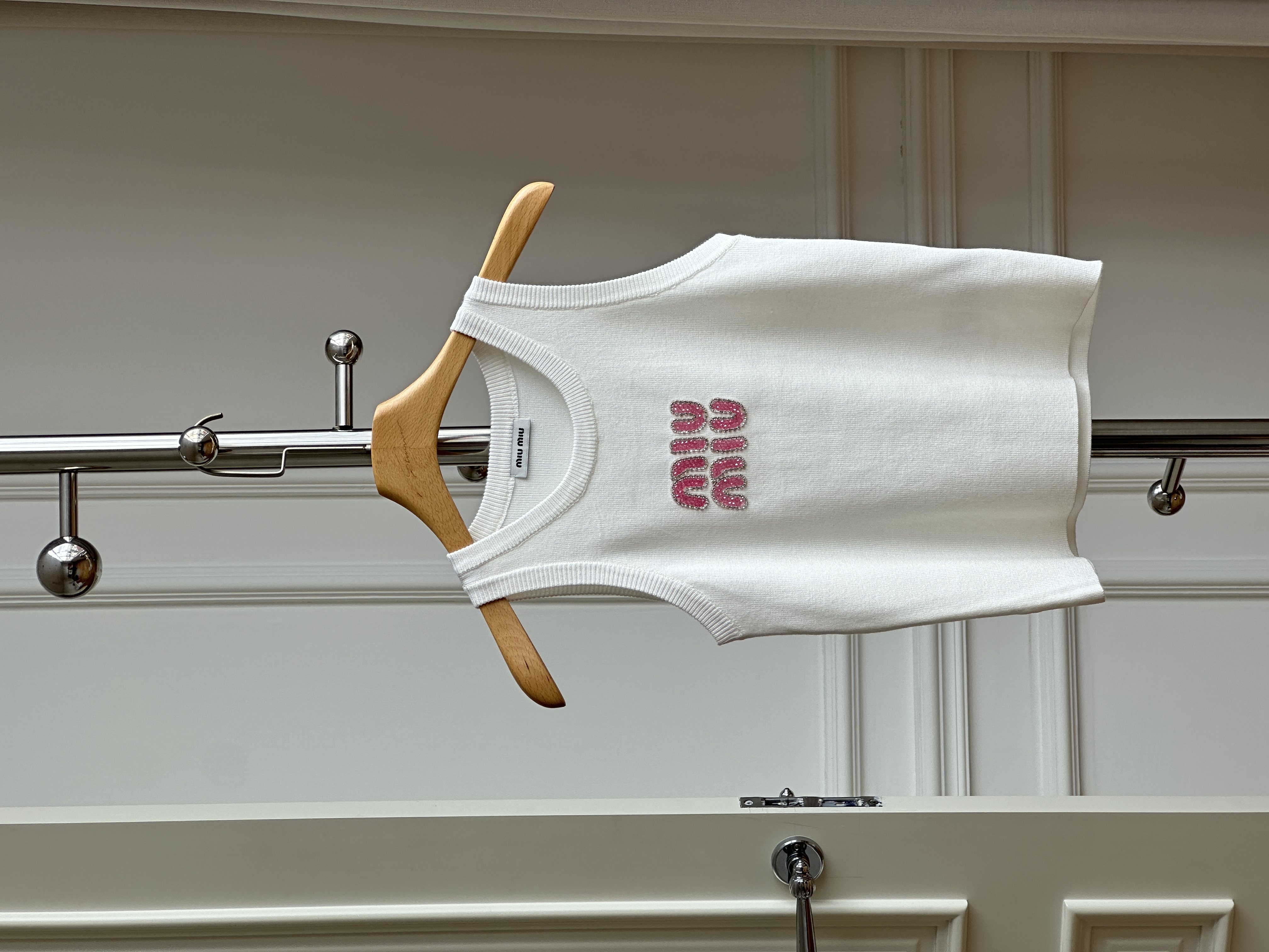 Miu Miu Off White Pink Crystal Logo Knit Tank Top