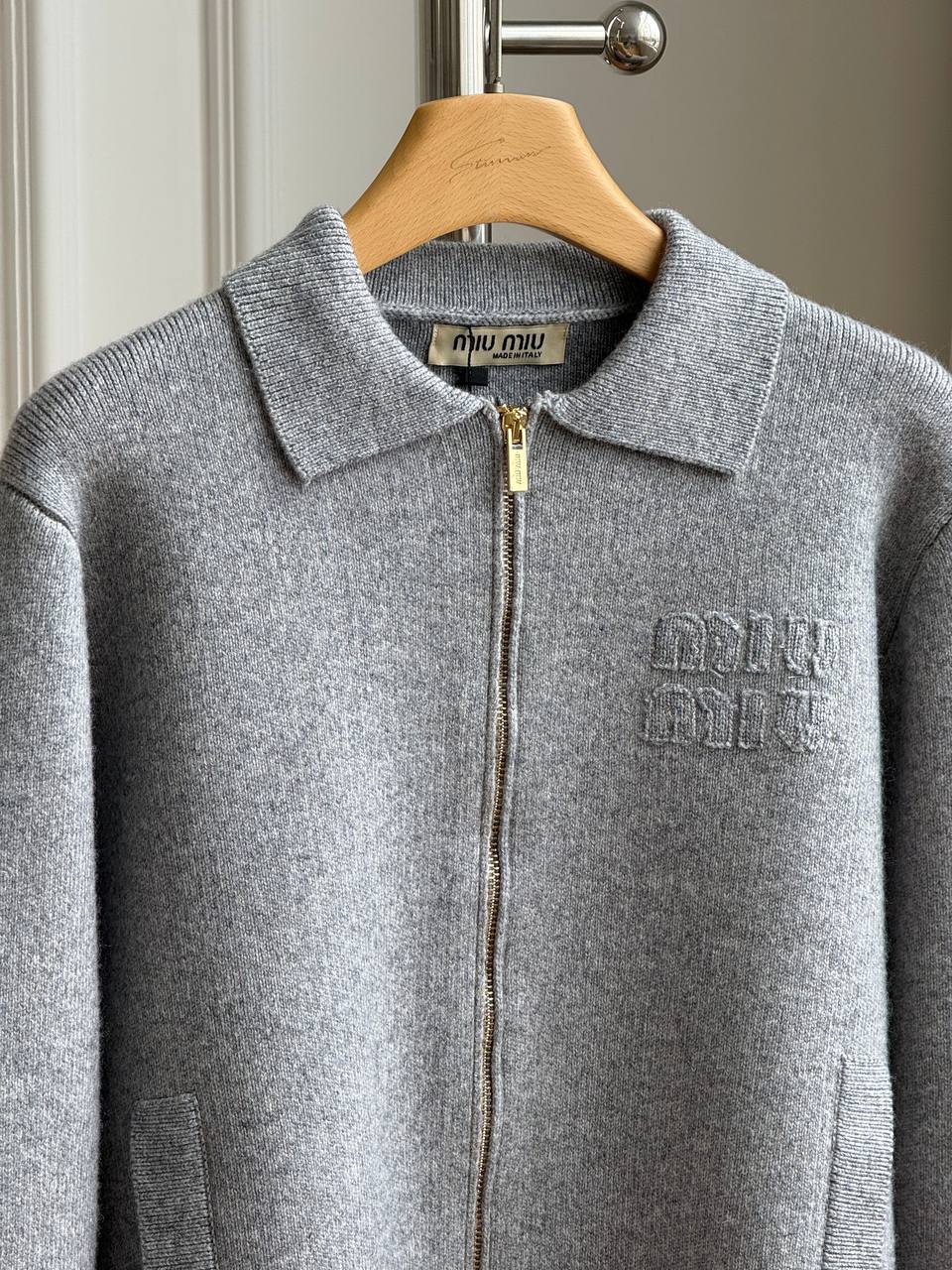 Miu Miu Logo-Embroidered Zip-Up Polo Collar Knit Cardigan