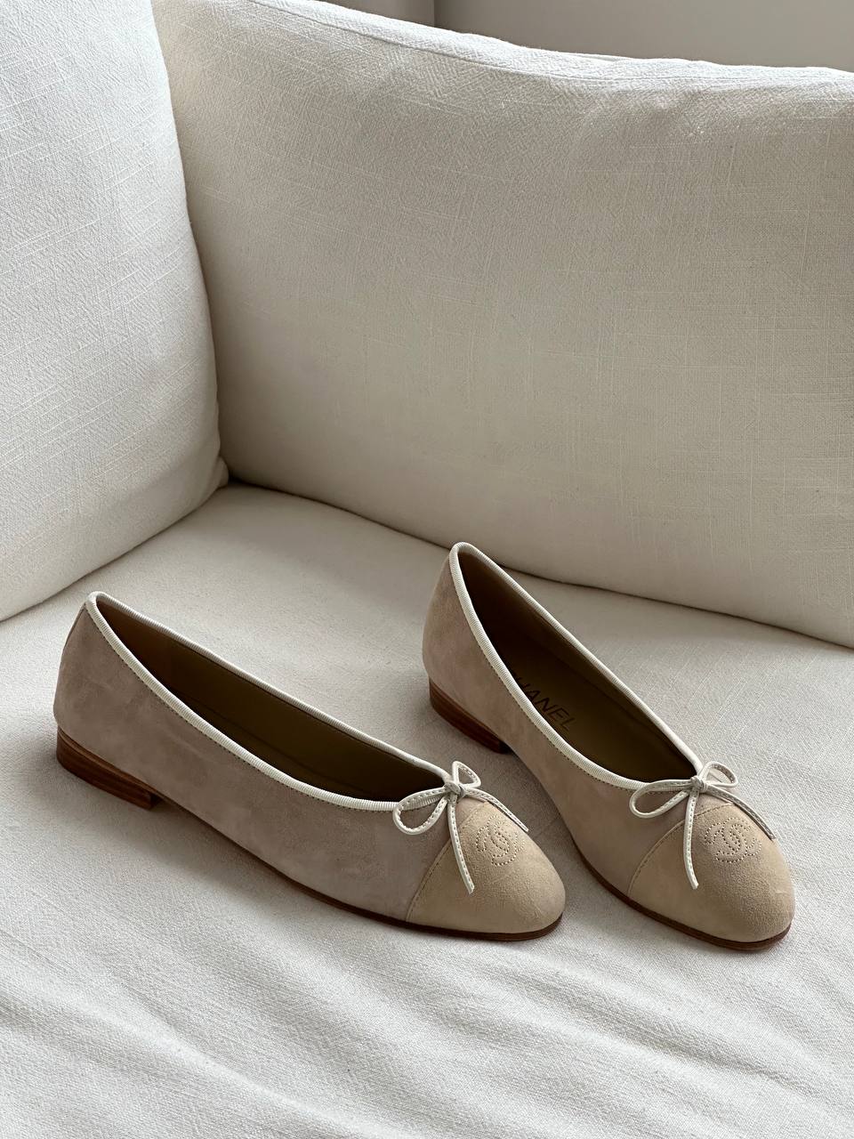 Chanel Nude Suede Two-Tone Bow CC Embossed Ballet Flats