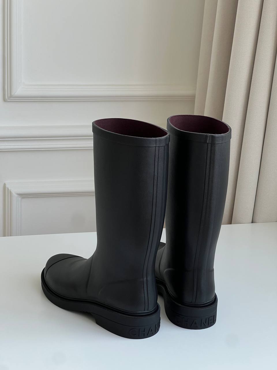 Chanel Black Rubber Tall Rain Boots With White Interlocking CC Logo