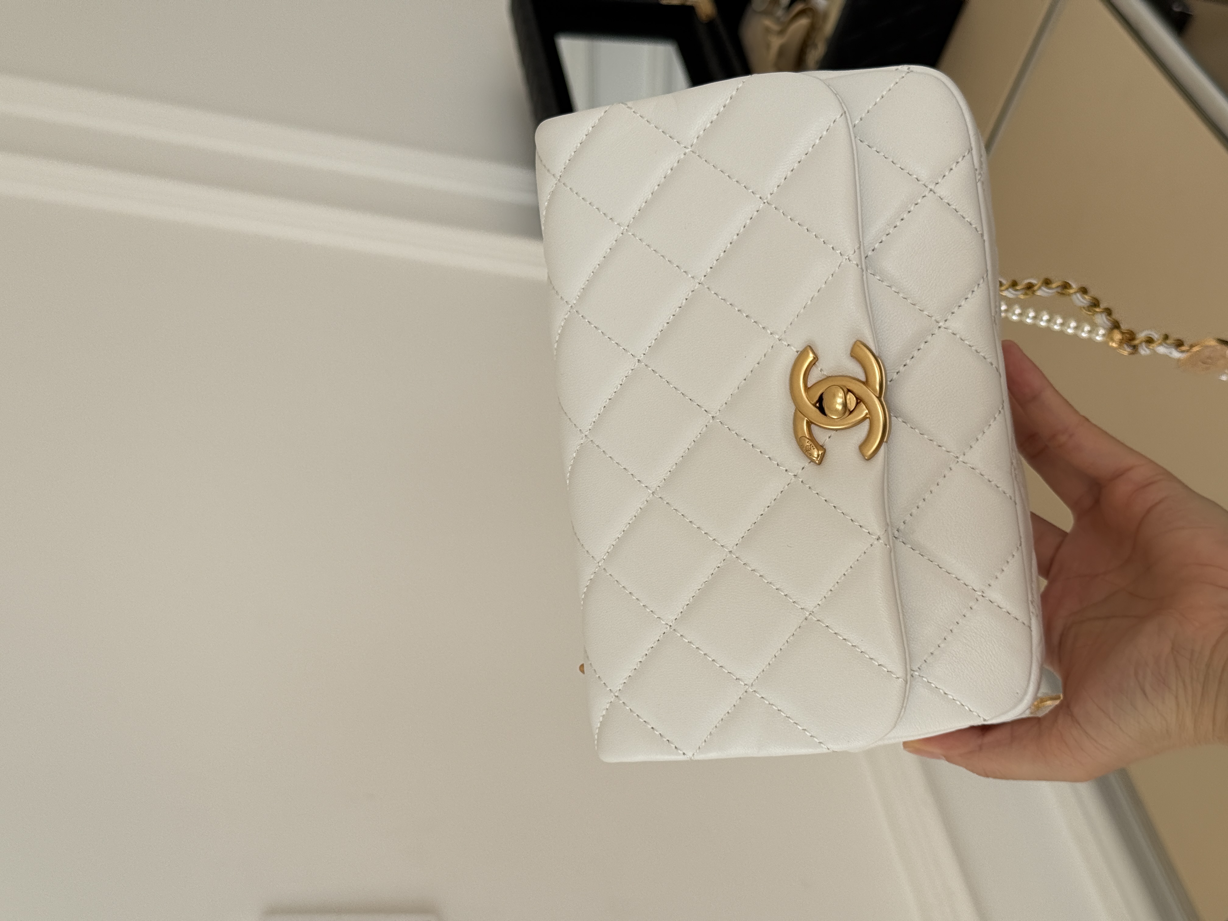 Chanel Mini Classic Flap Quilted Lambskin Pearl Interwoven Chain Bag