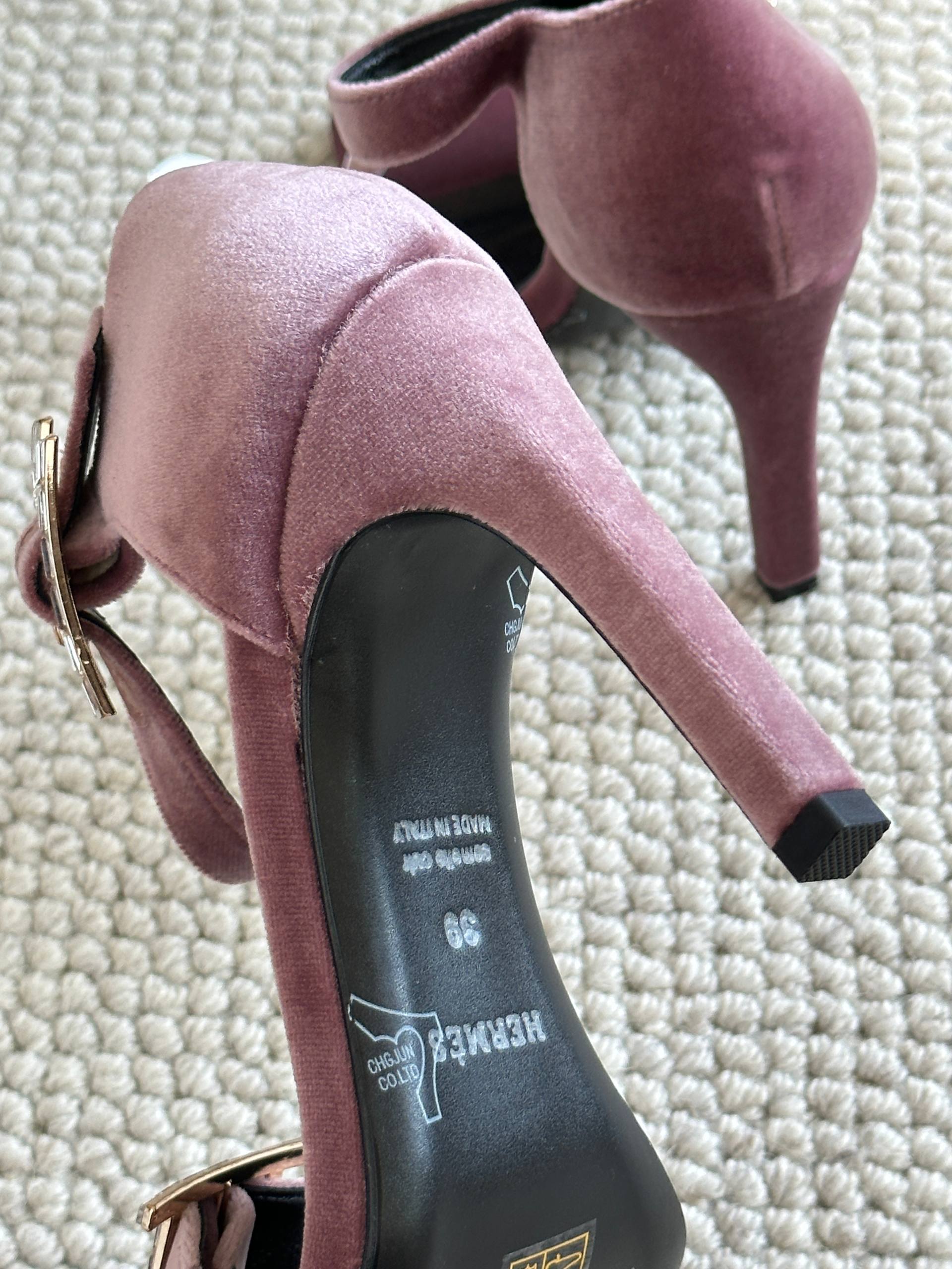 Hermès Dusty Pink Velvet Crystal H Buckle Block Heel Sandals